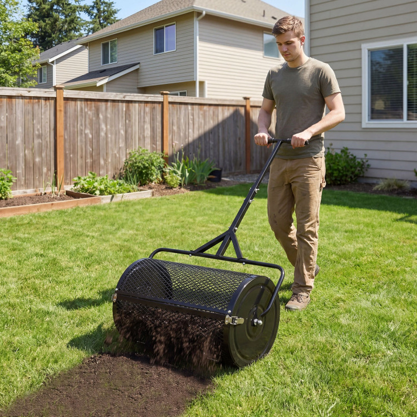 SUGIFT 2.7 Cu.ft Compost Spreader Peat Moss Spreader Roller with Height-Adjustable T-Shaped Handle Black/Green/Orange
