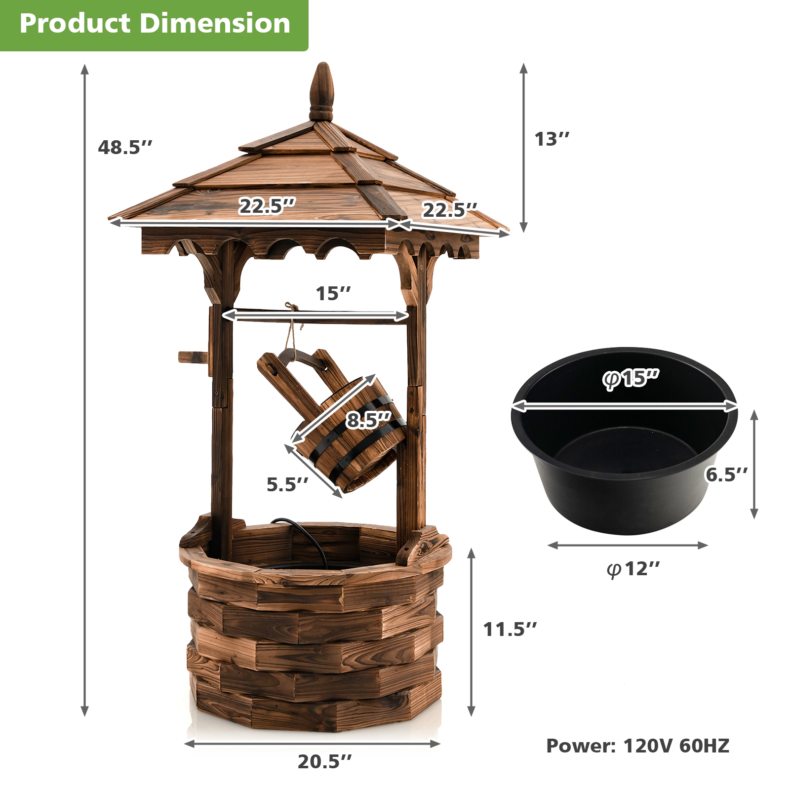 SUGIFT Patio Wooden Water Fountain Brown Wishing Well with Electric Pump