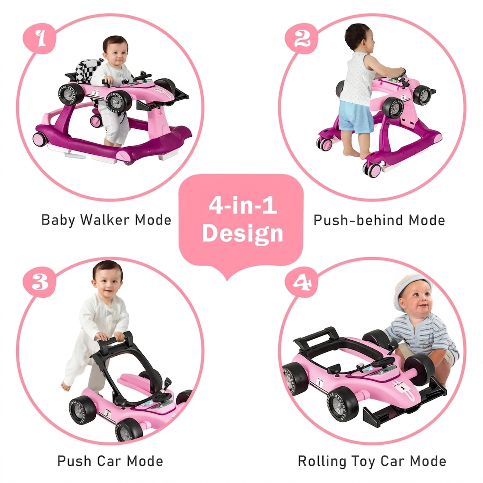 SUGIFT 4-in-1 Foldable Activity Push Walker Adjustable Height 25-lb Capacity Ages 6-18 Months 29-in Frame Purple