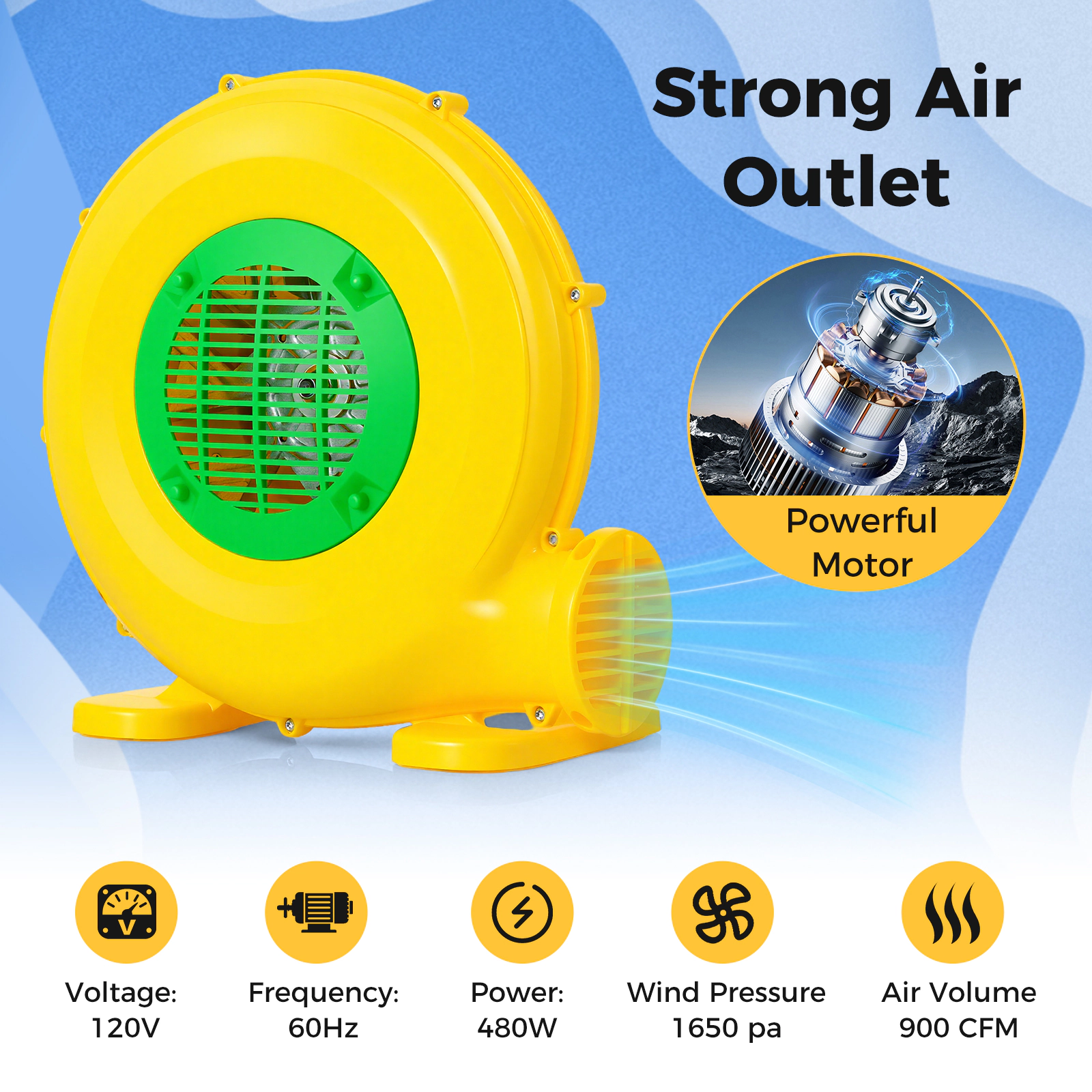 SUGIFT Yellow 480W Blower for Kids Bounce House with Carry Handle and 2 Ground Stakes 14-in W 7.5-in D 13.5-in H