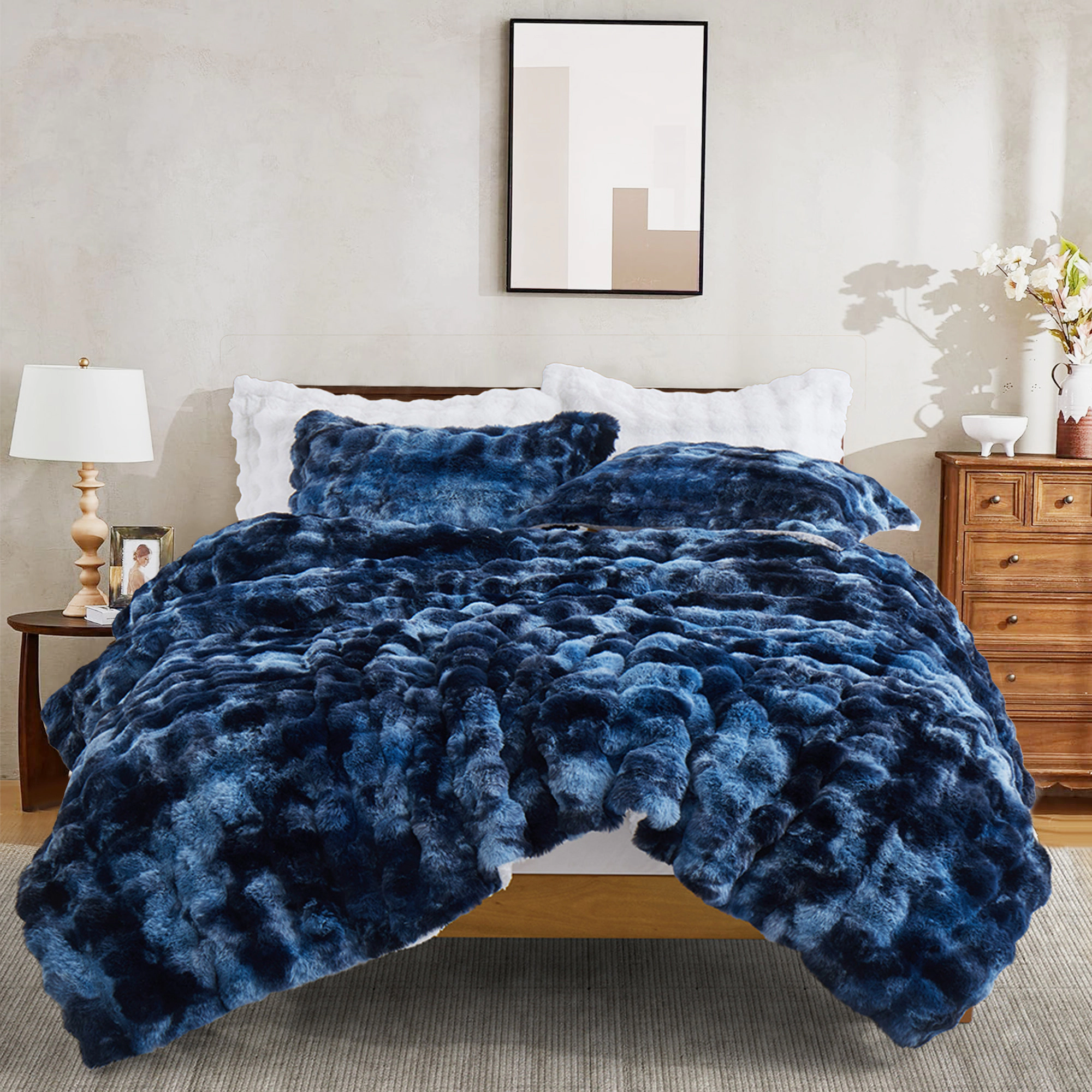 Unikome Dual-Side Fluffy Faux Rabbit Fur Comforter Set, Plush Fuzzy Bedding Set