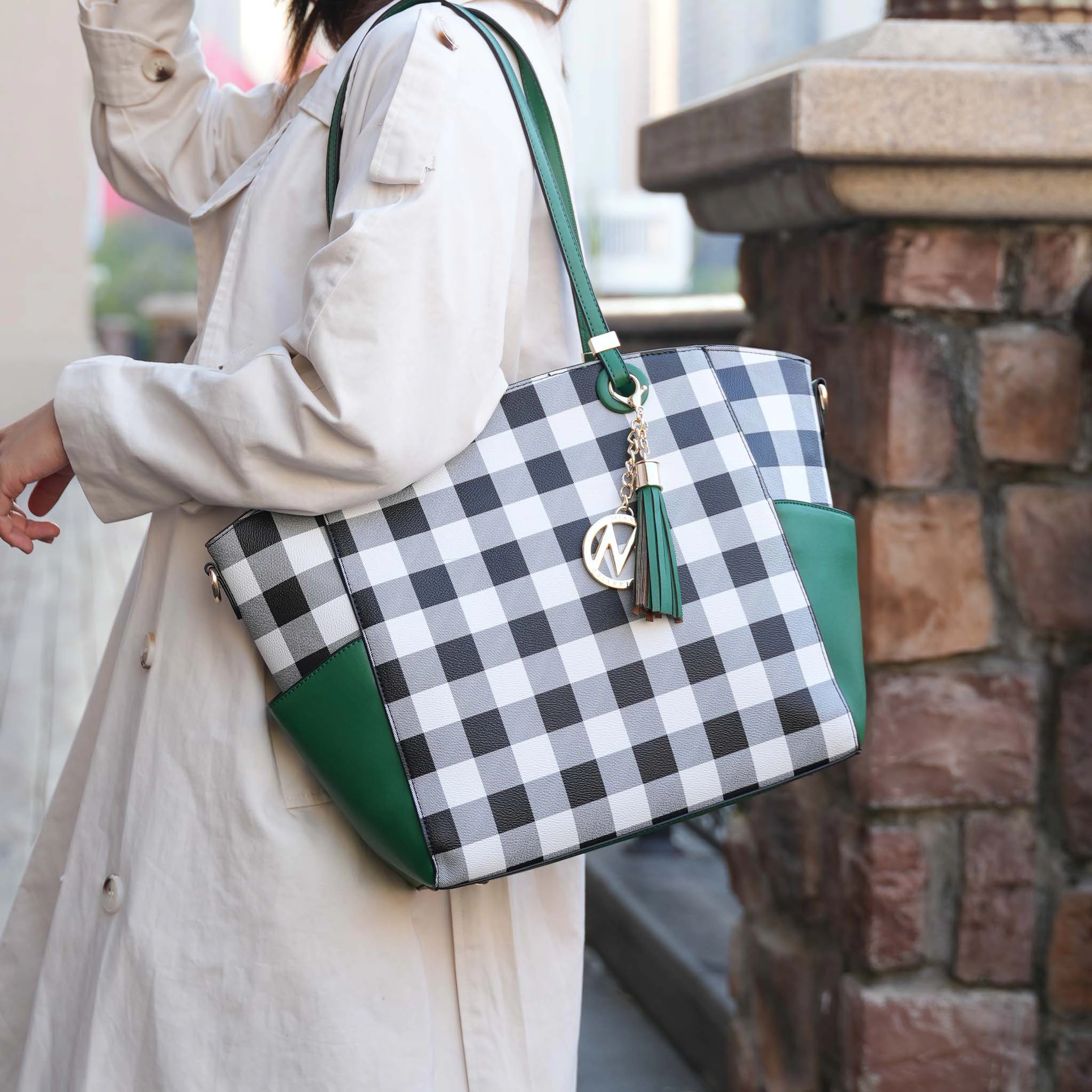 Mia K Collection Karlie Plaid Vegan Leather Tote with Matching Wallet