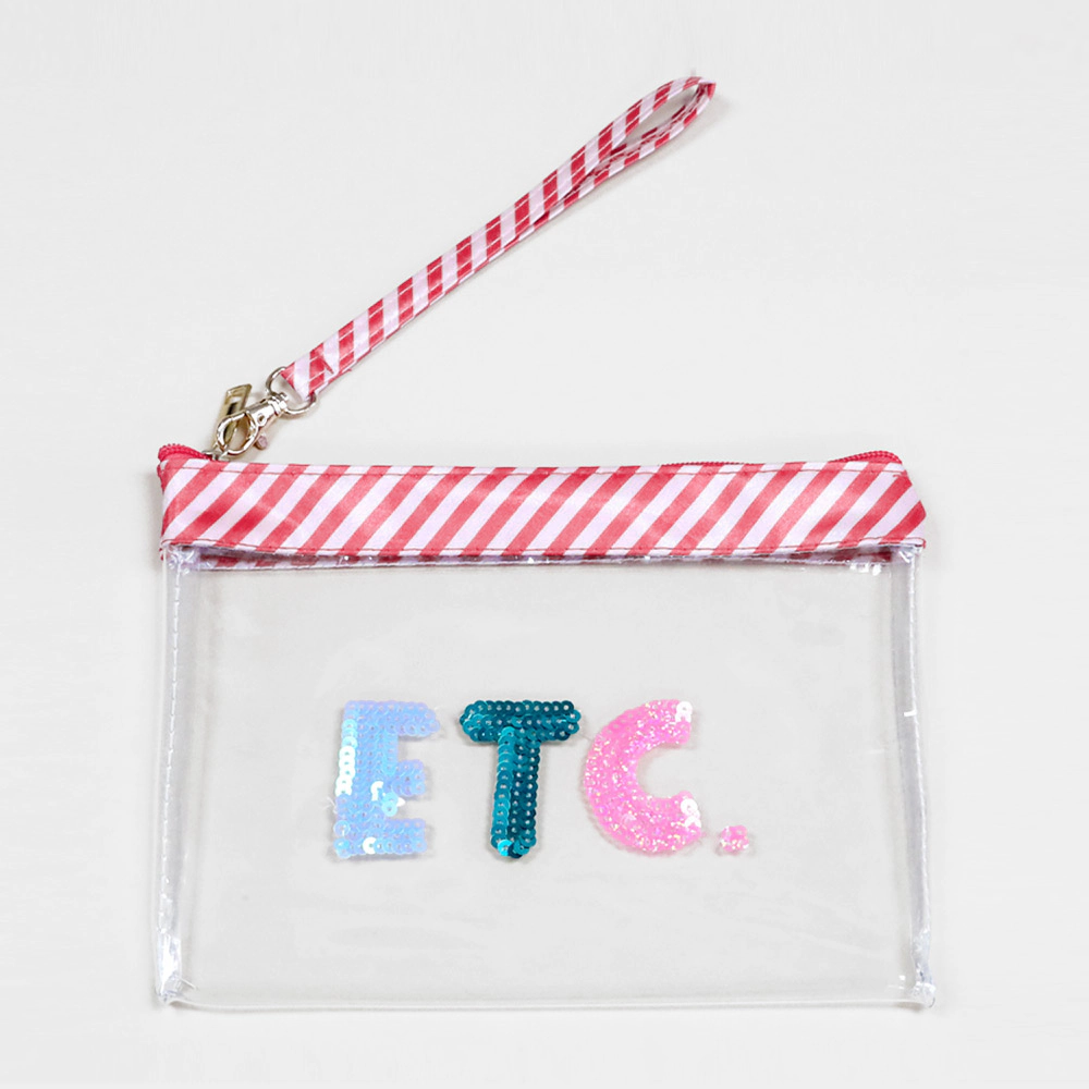 FASHNZFAB ETC Sequin Message Wristlet Transparent Clutch Bag