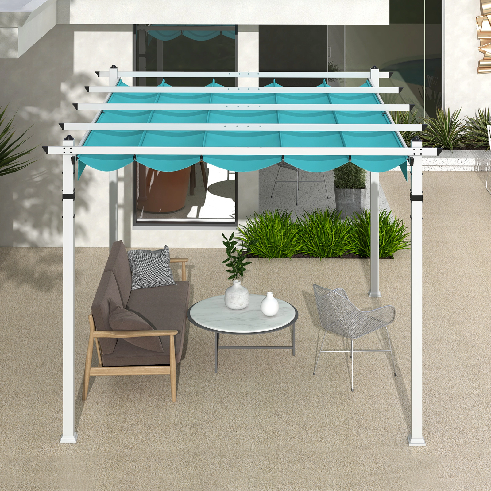 SUGIFT Outdoor Pergola Turquoise with Retractable Canopy and Aluminum Frame