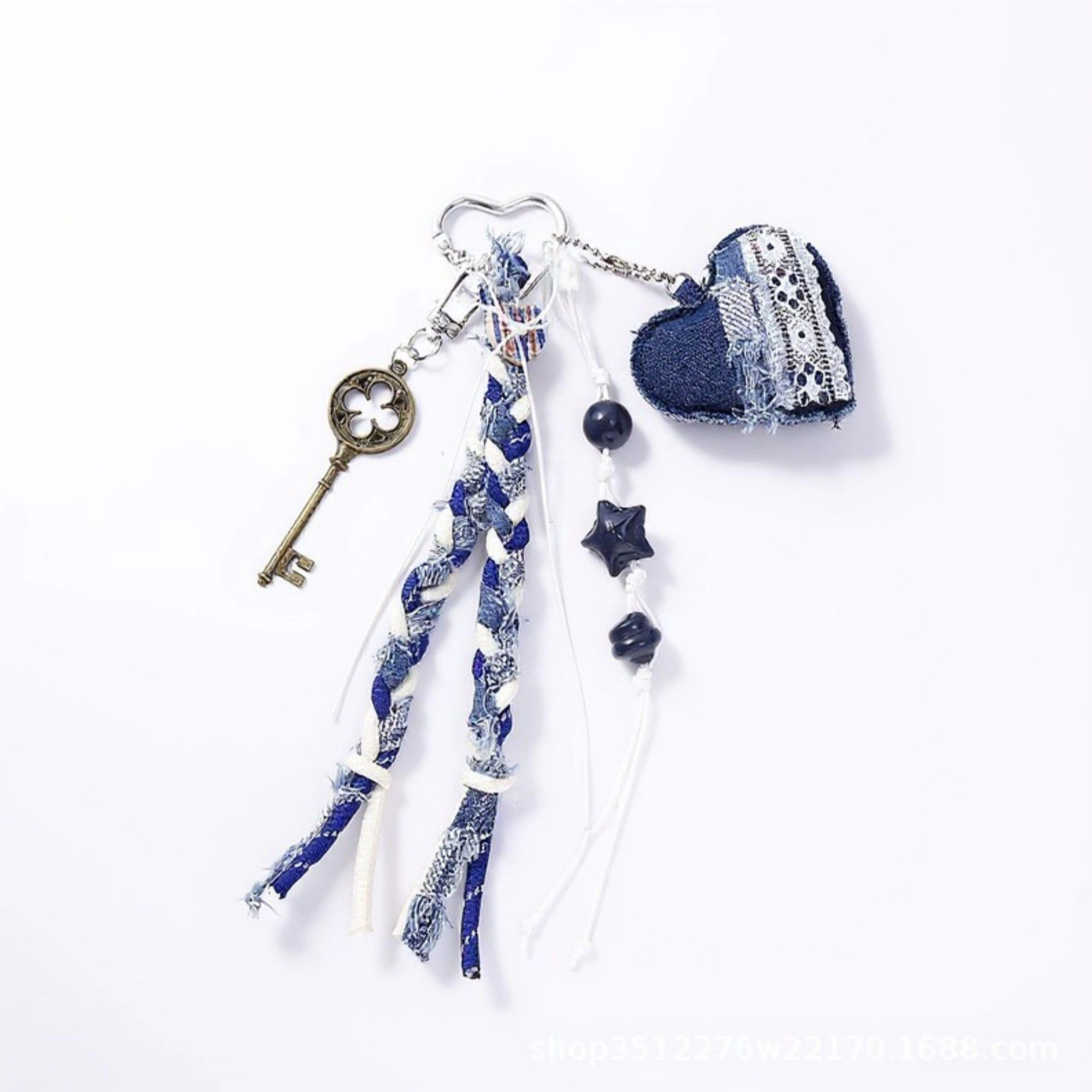 Alilang Women's Denim Heart Charm Keychain with Braided Straps and Vintage Key Accent