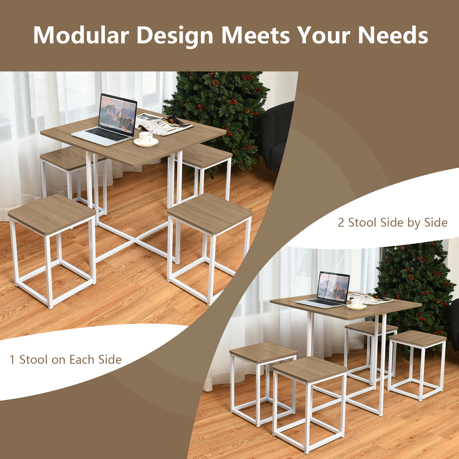 LJG 5 Pieces Metal Frame Dining Set with Compact Table and 4 Stools
