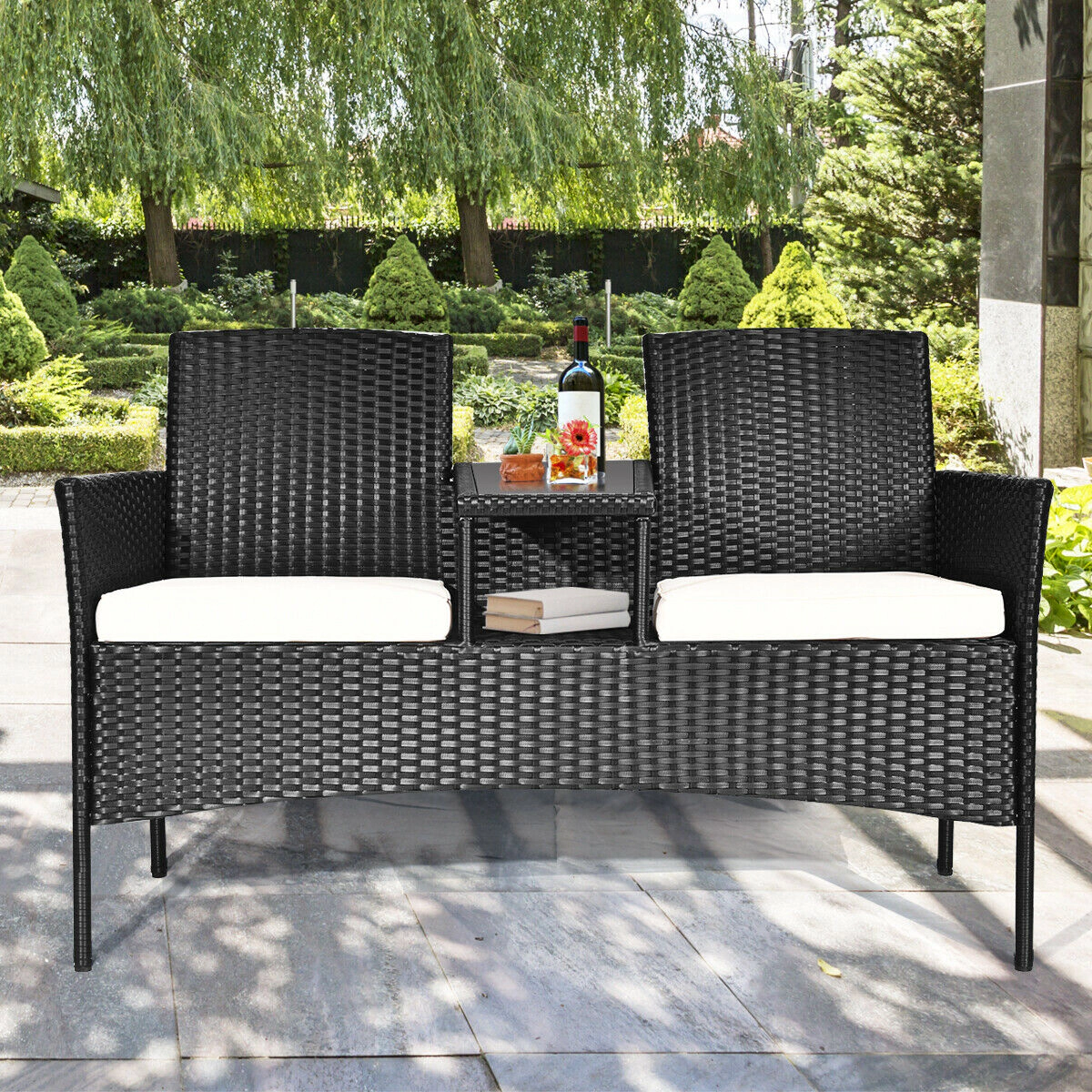 SUGIFT White Center Table and Removable Cushions Wicker Patio Loveseat Conversation Set