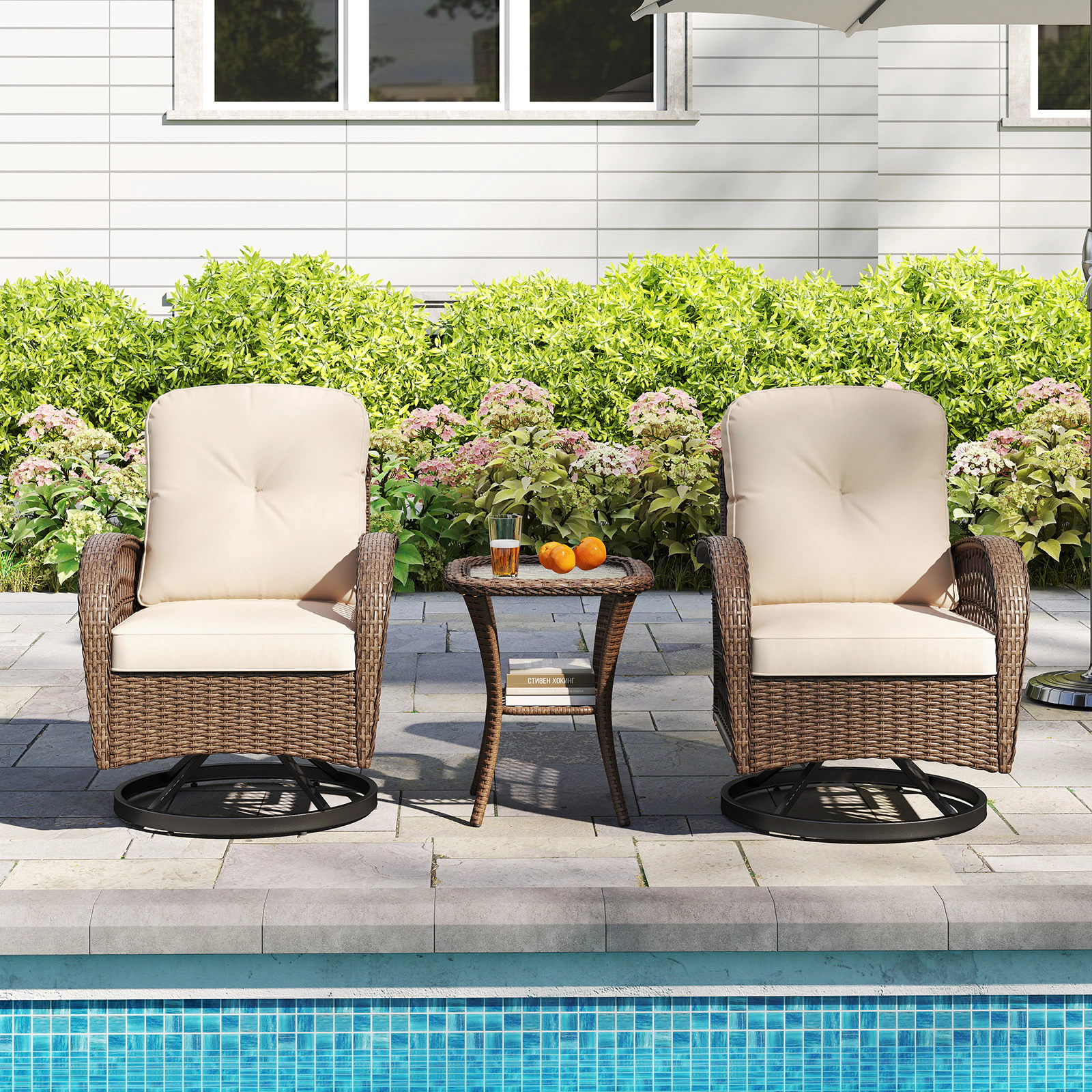 LJG 3 Piece Patio Swivel Rocker Set with Tempered Glass Side Table and Thick Cushions