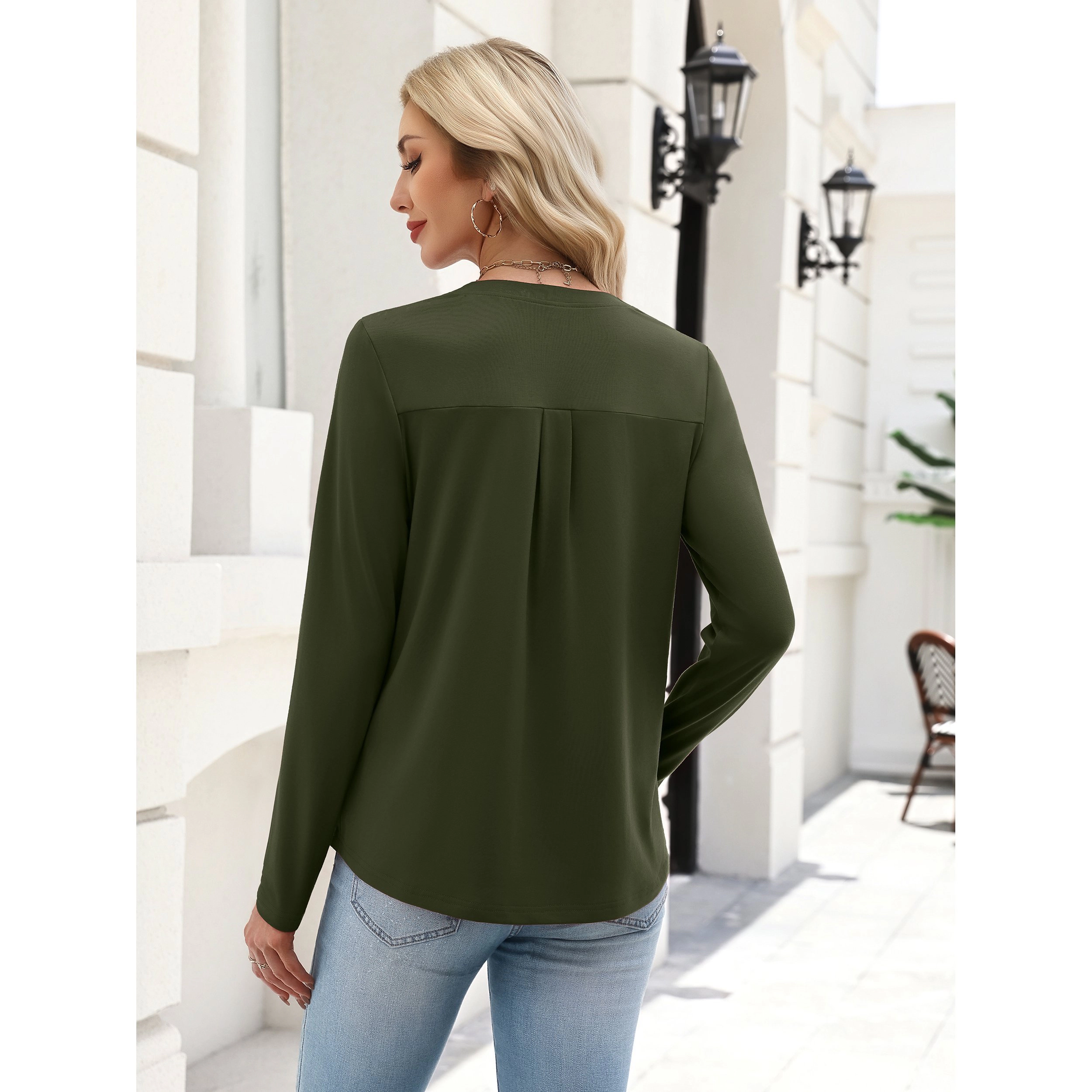 Zeagoo Women's Eyelet Lace Trim V Neck Long Sleeve T-shirt