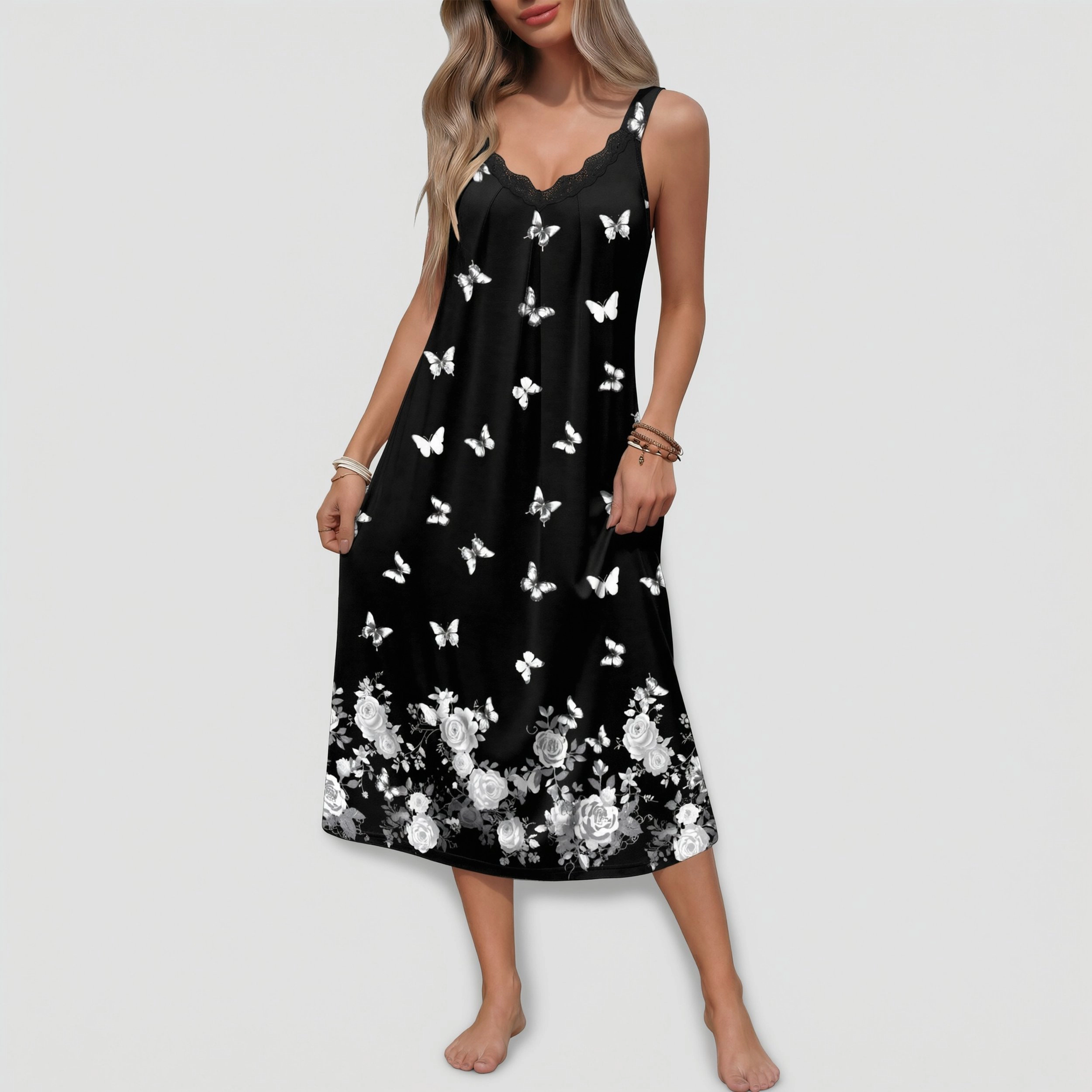 Ekouaer Sleeveless Nightgowns for Womens Lace V neck Long Nightdress Wide Strap Soft Lounge Dresses