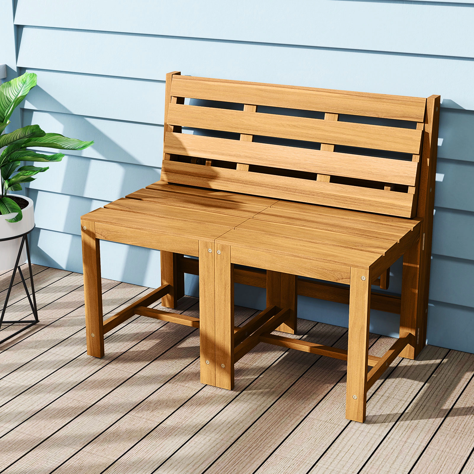 SUGIFT 3-in-1 Convertible Outdoor Loveseat Bench Slatted Seat 400-Lb Capacity per Seat 165-Lb Tabletop Capacity Natural