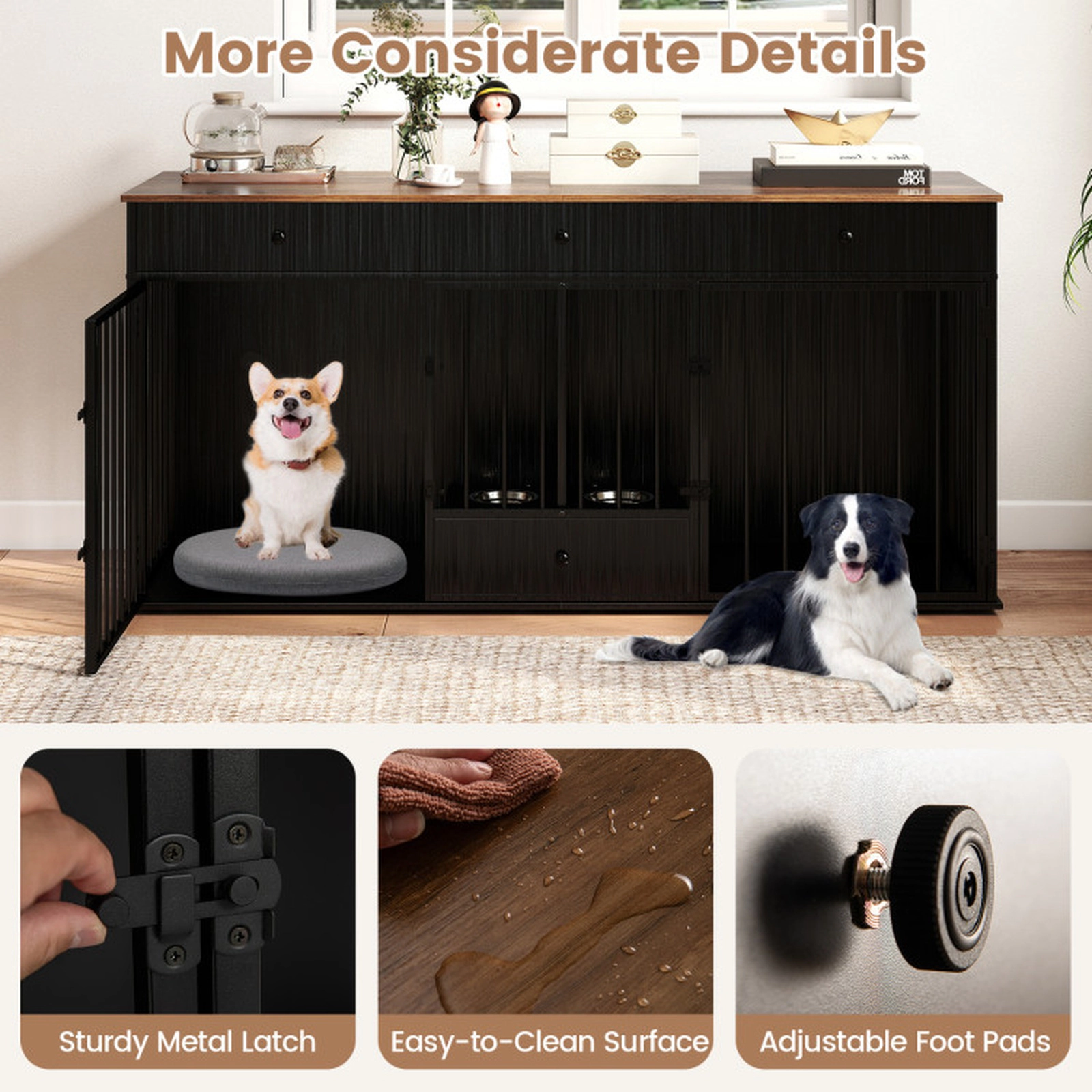 SUGIFT Modern Dog Crate Furniture for 2 Dogs with Divider 3 Drawers Pull-Out Feeder and 2 Steel Bowls