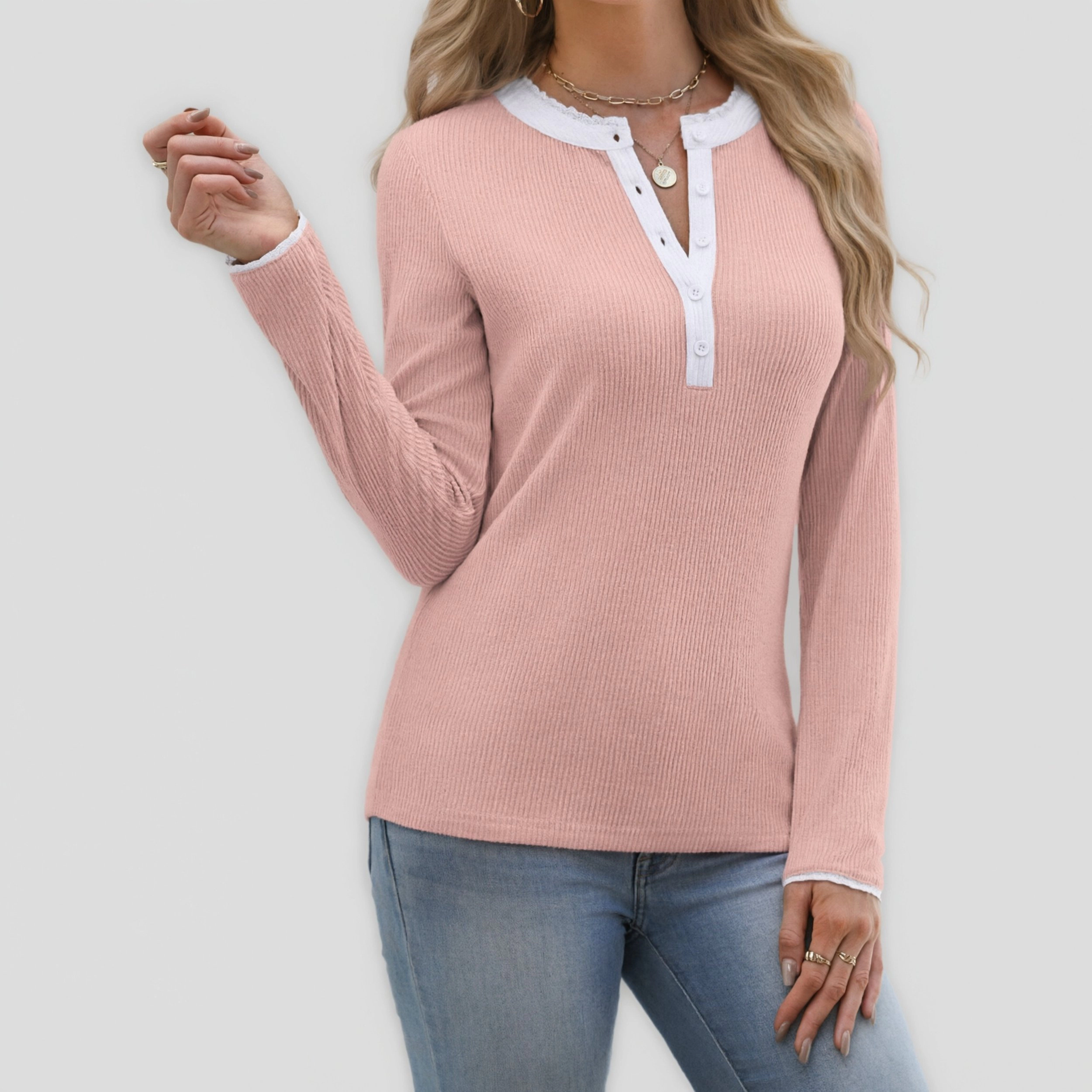 Zeagoo Women's Ribbed Knit Long Sleeve Scalloped Lace Neck Henley Blouse
