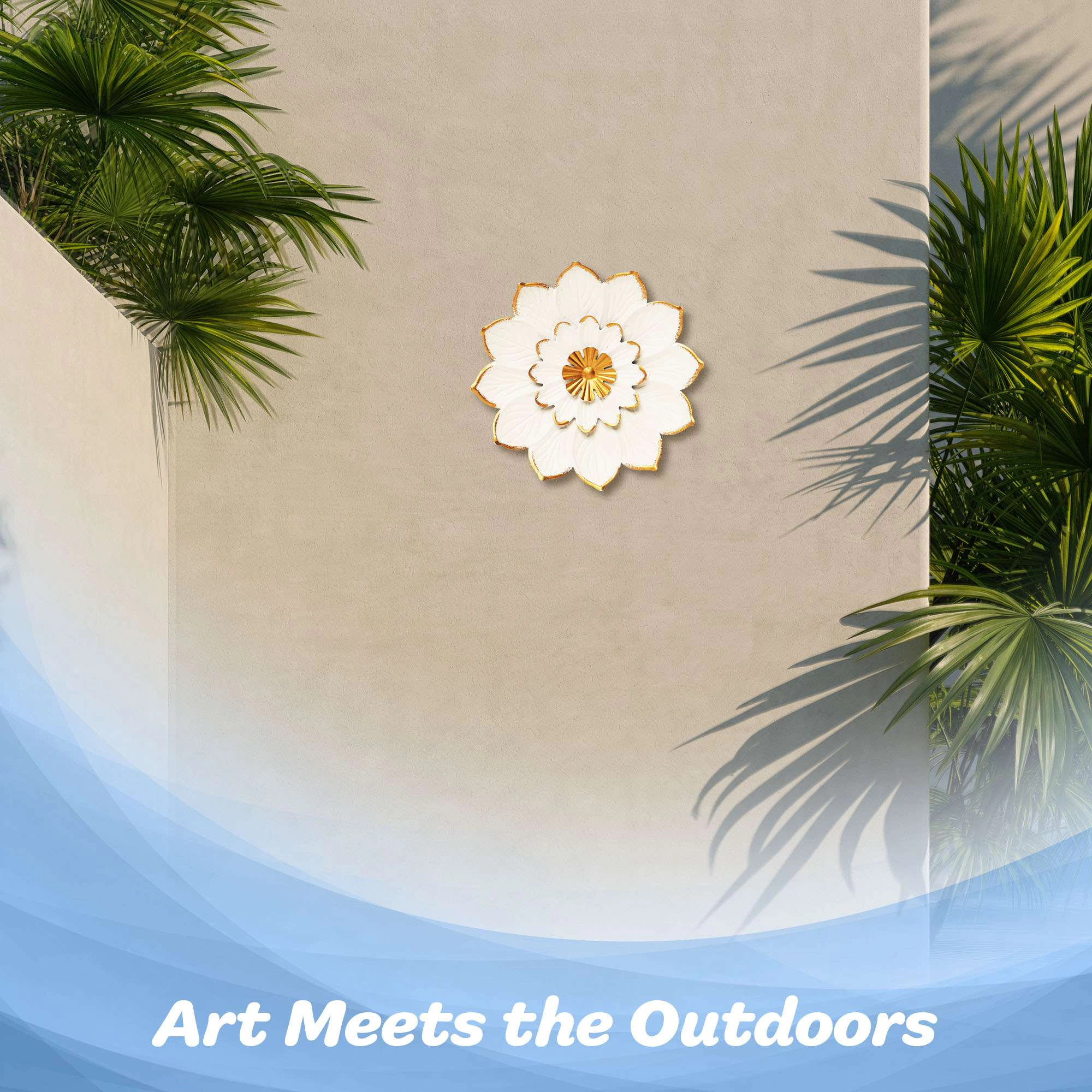G128 9-inch White and Gold Metal Flower Wall Art - Rustic Floral Wall Hanging for Indoor and Covered Outdoor Spaces