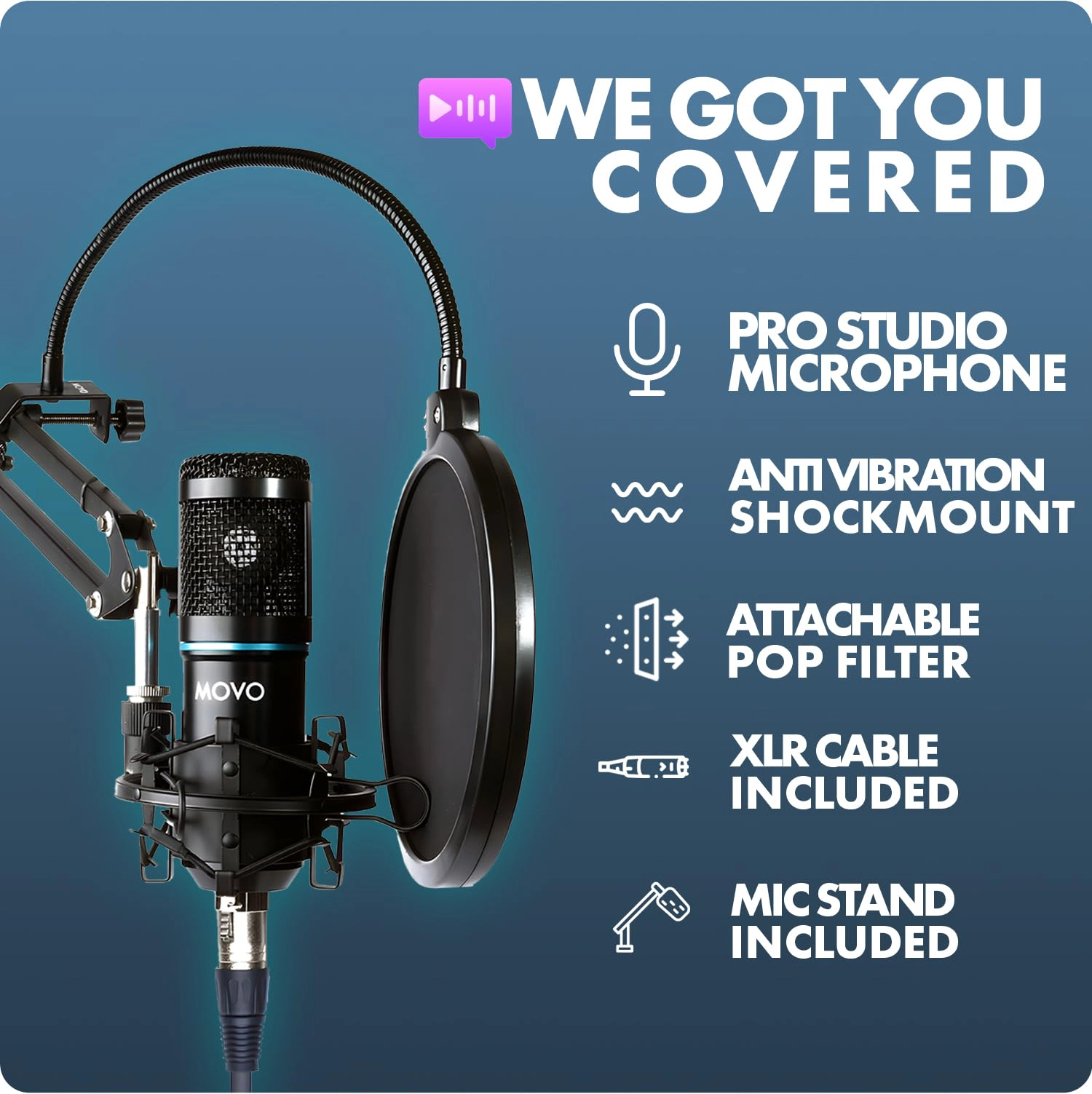 Movo PodPak4A 4-Pack Universal XLR Condenser Microphone Podcast Equipment Bundle for 4 - Includes Cardioid Mics, Desk