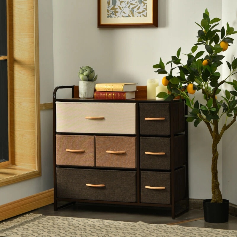 Glintex 7-Drawer Fabric Dresser with Steel Frame and Wood Top, Cream