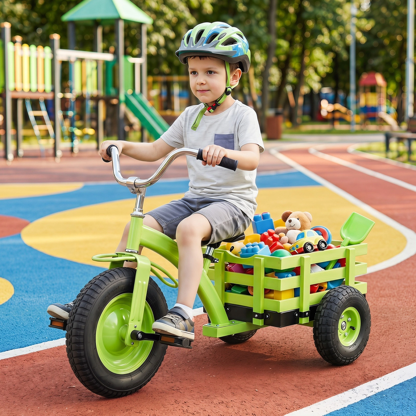 Kids Tricycle 15-in Inflatable Rubber Tires 200-lb Load Capacity Triangle Carbon Steel Frame Basket Ages 3+ Green