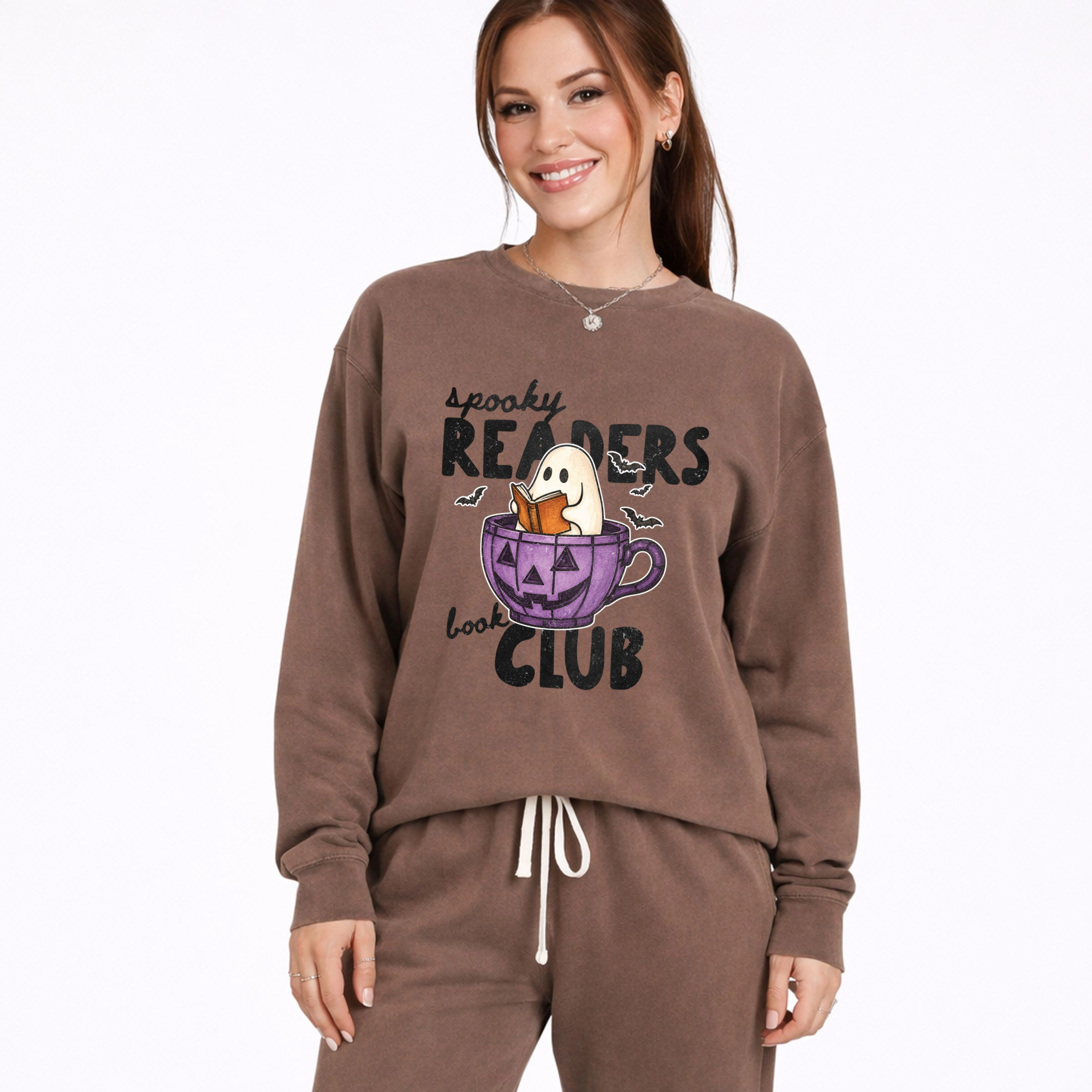 Simply Sage Market - Women's Lightweight Garment Dyed Sweatshirt Spooky Reader's Book Club Ghost