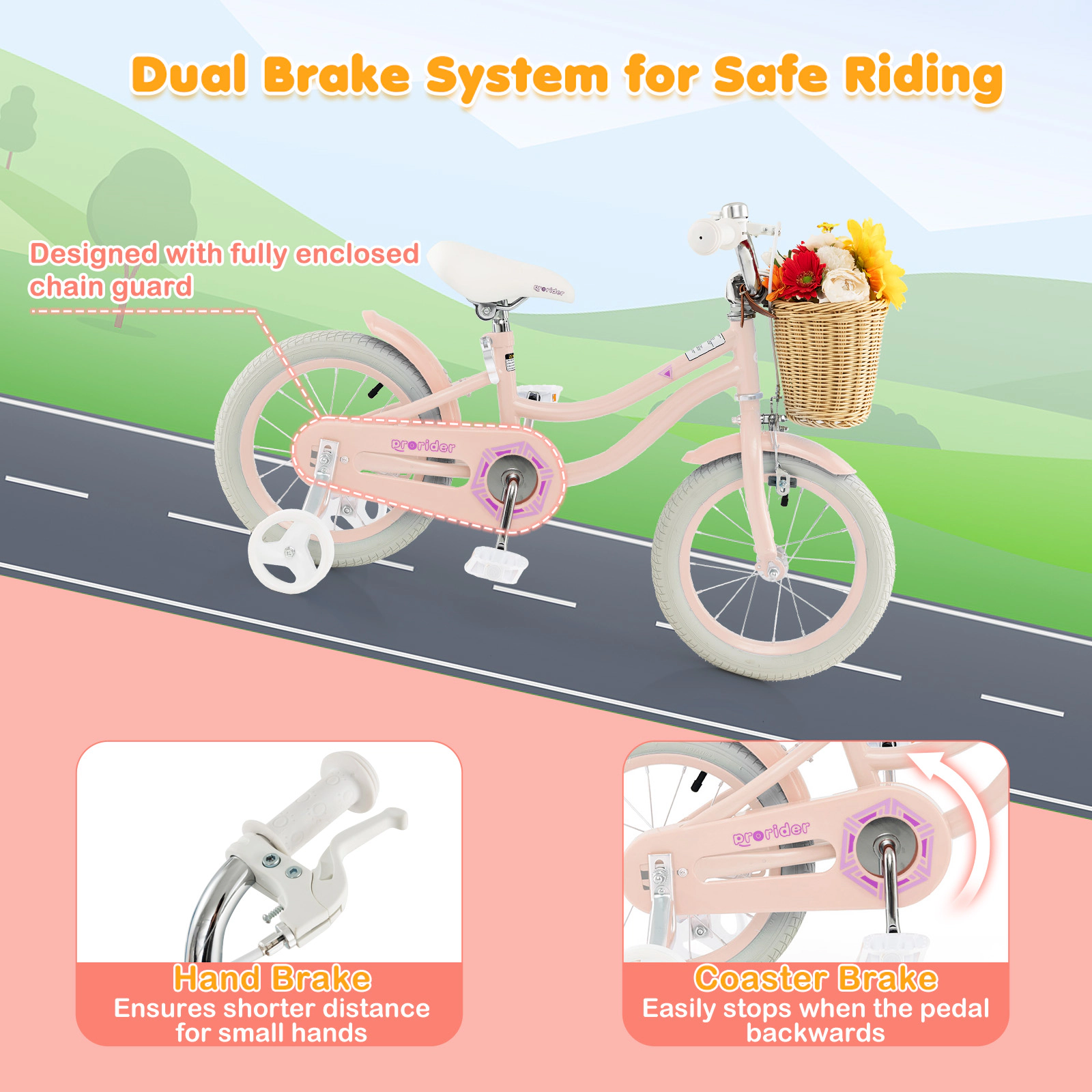 14-in Kids Bicycle Training Wheels Front Basket Adjustable Handlebar 85% Pre-Assembled Carbon Steel Bike Ages 3-5 Pink