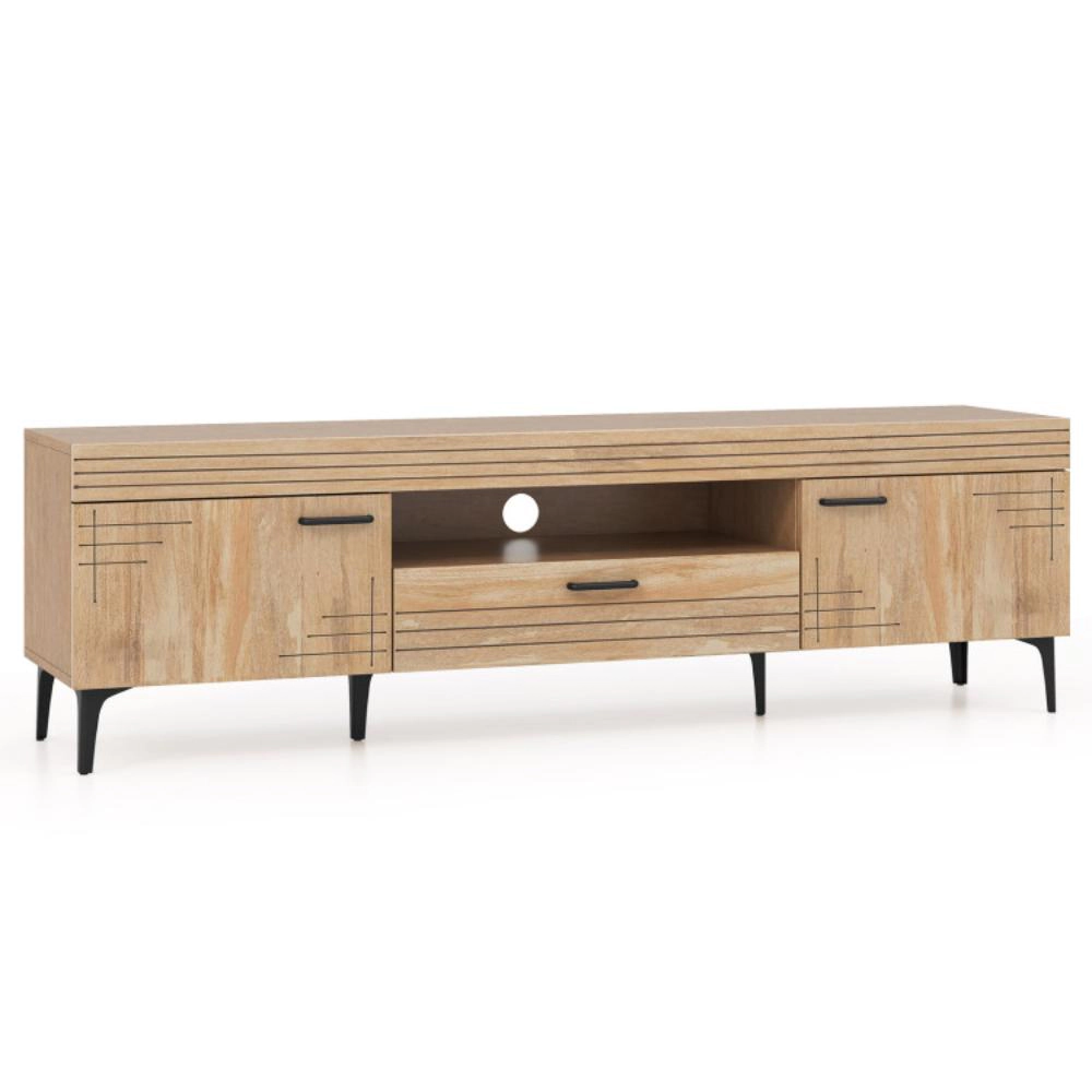Hivvago Tv Stand With 2 Cabinets And Storage Drawer For 65 Inches Tvs-Oak