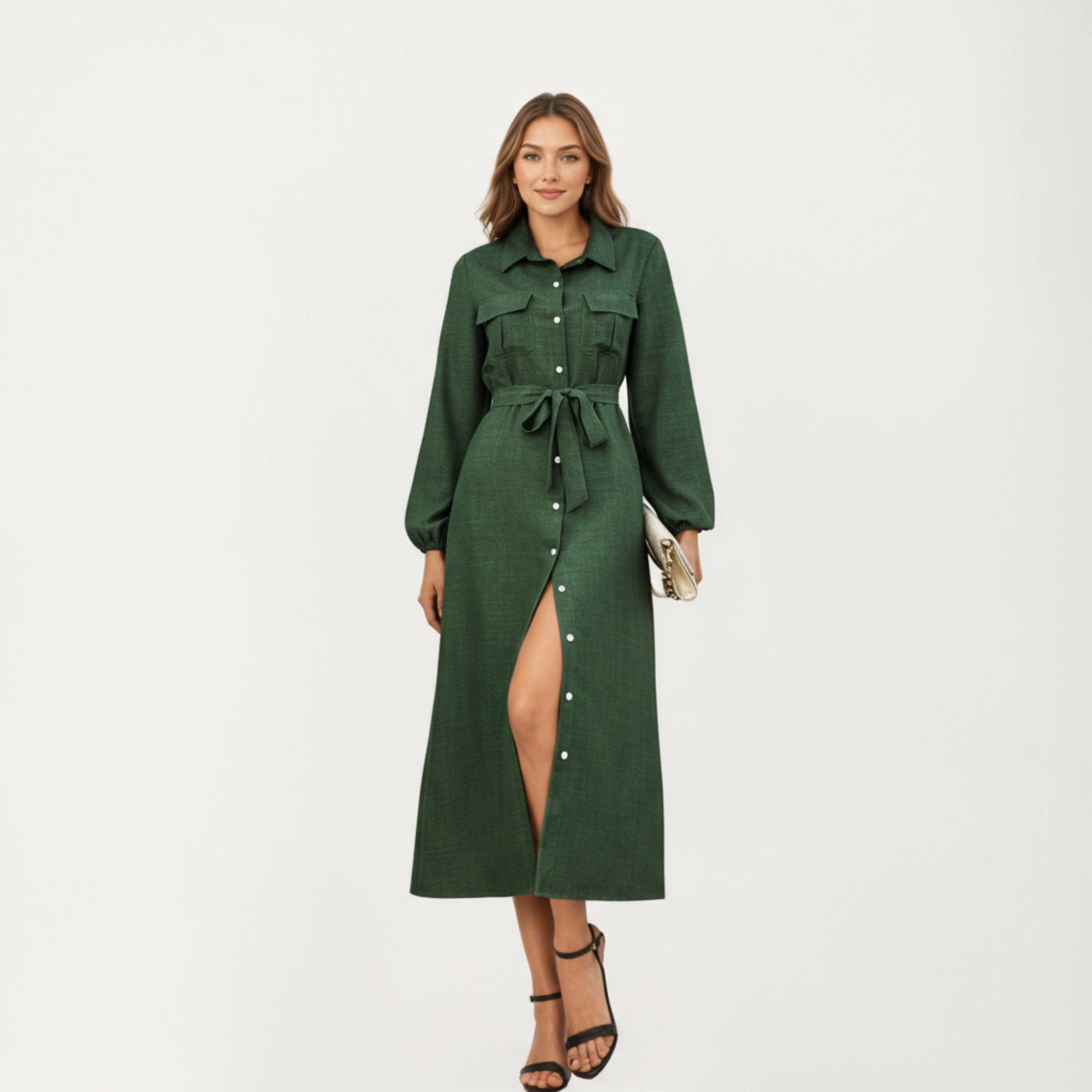 Anna-Kaci Women's Long Sleeve Button Front Waist Tie Utility Pockets Midi Dress