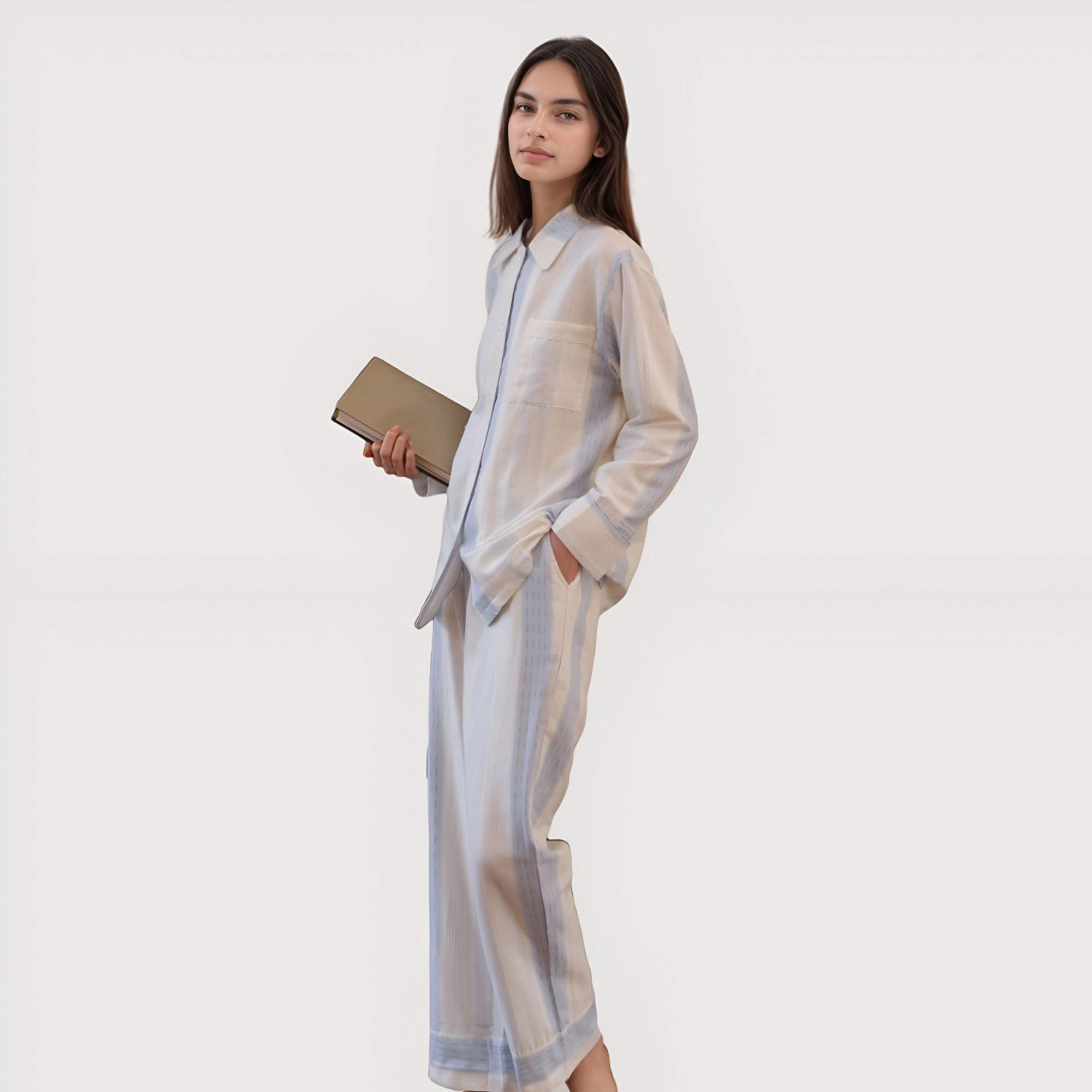 Anna-Kaci Women's Striped Woven Pajama Set with Collared Long Sleeve Top and Cuffed Wide Leg Pants