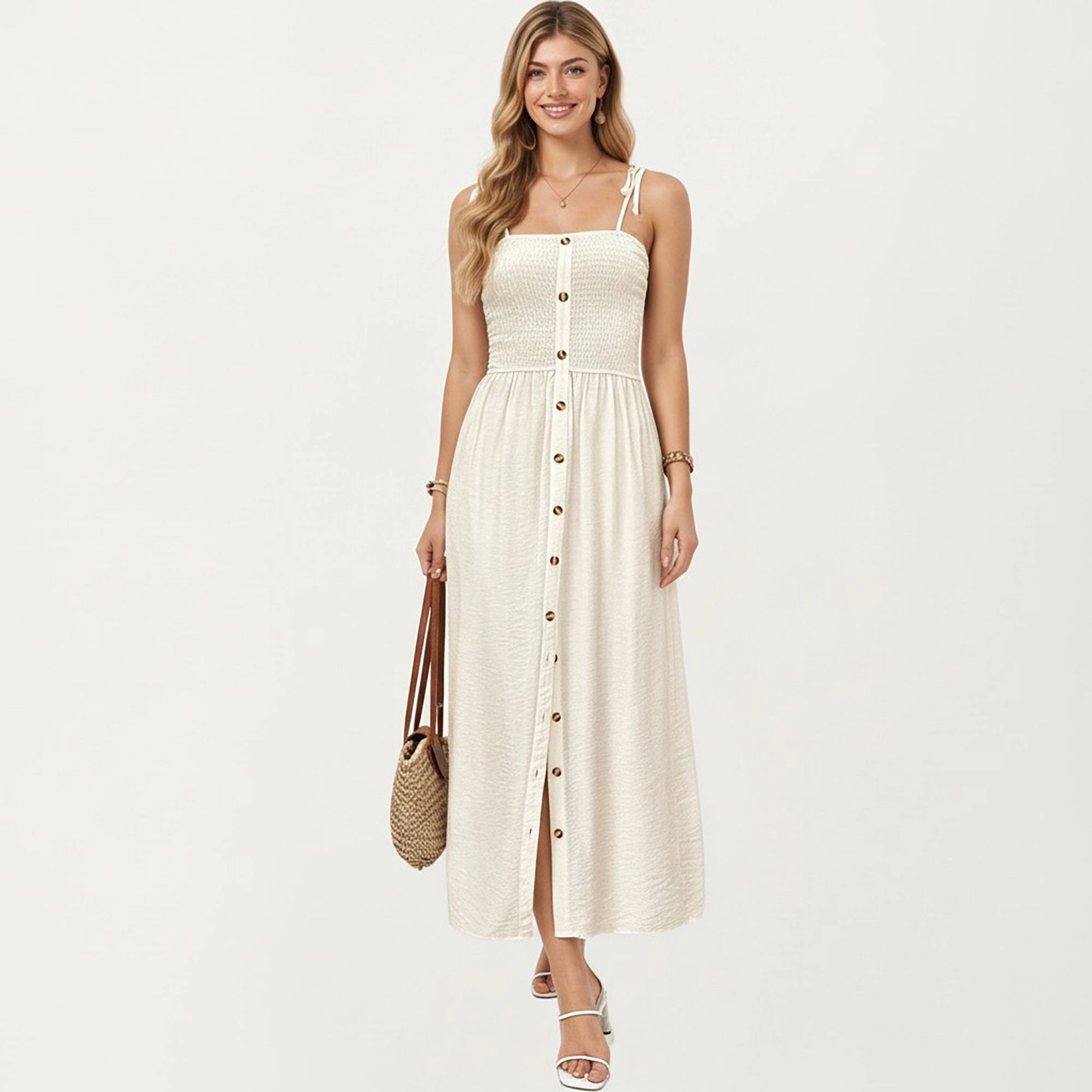 Anna-Kaci Womens Smocked Button-Front Maxi Dress with Tie Shoulder Straps