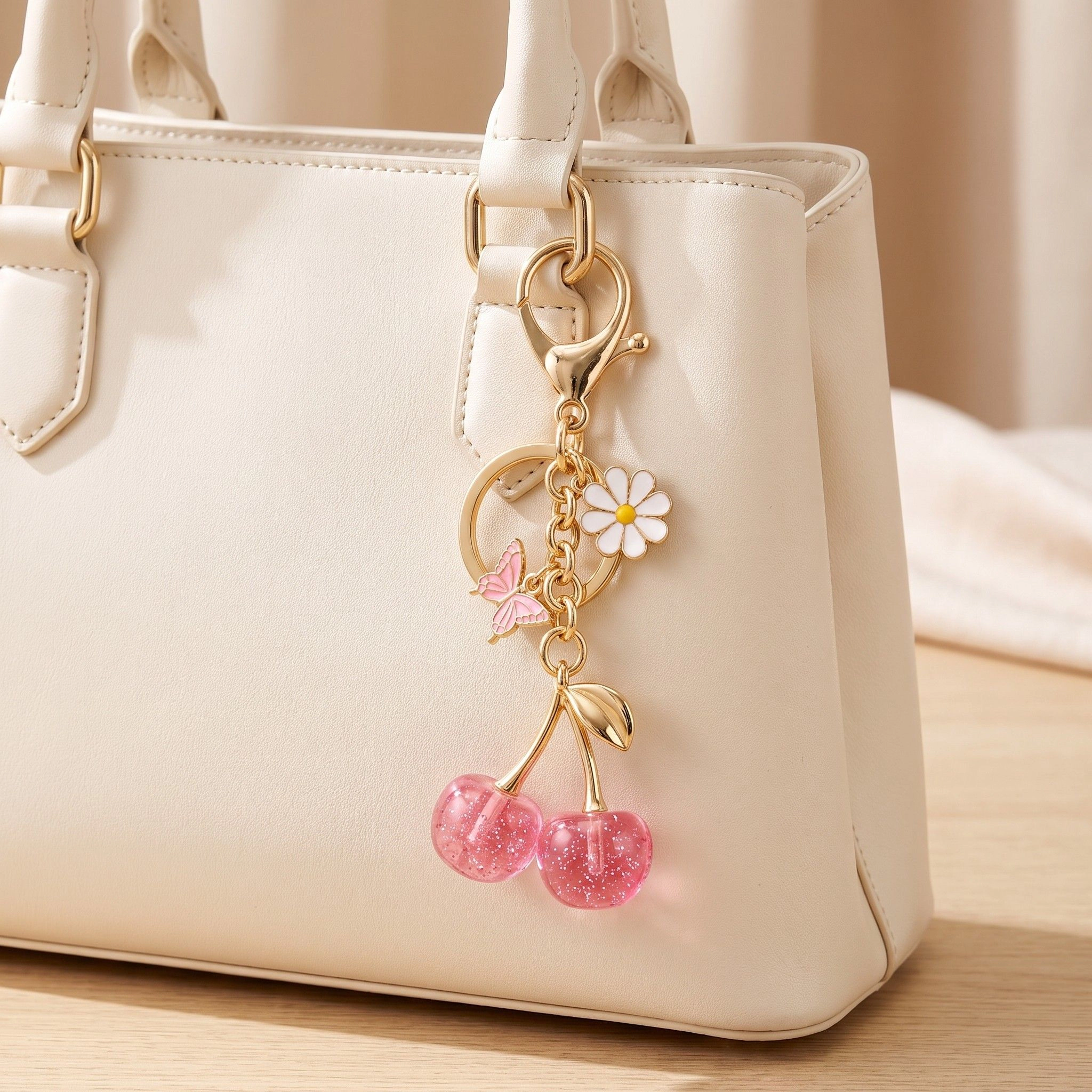 Alilang Women's Cherry Bag Charm Keychain with Daisy and Butterfly Accents Gold-Tone Clip, Pink