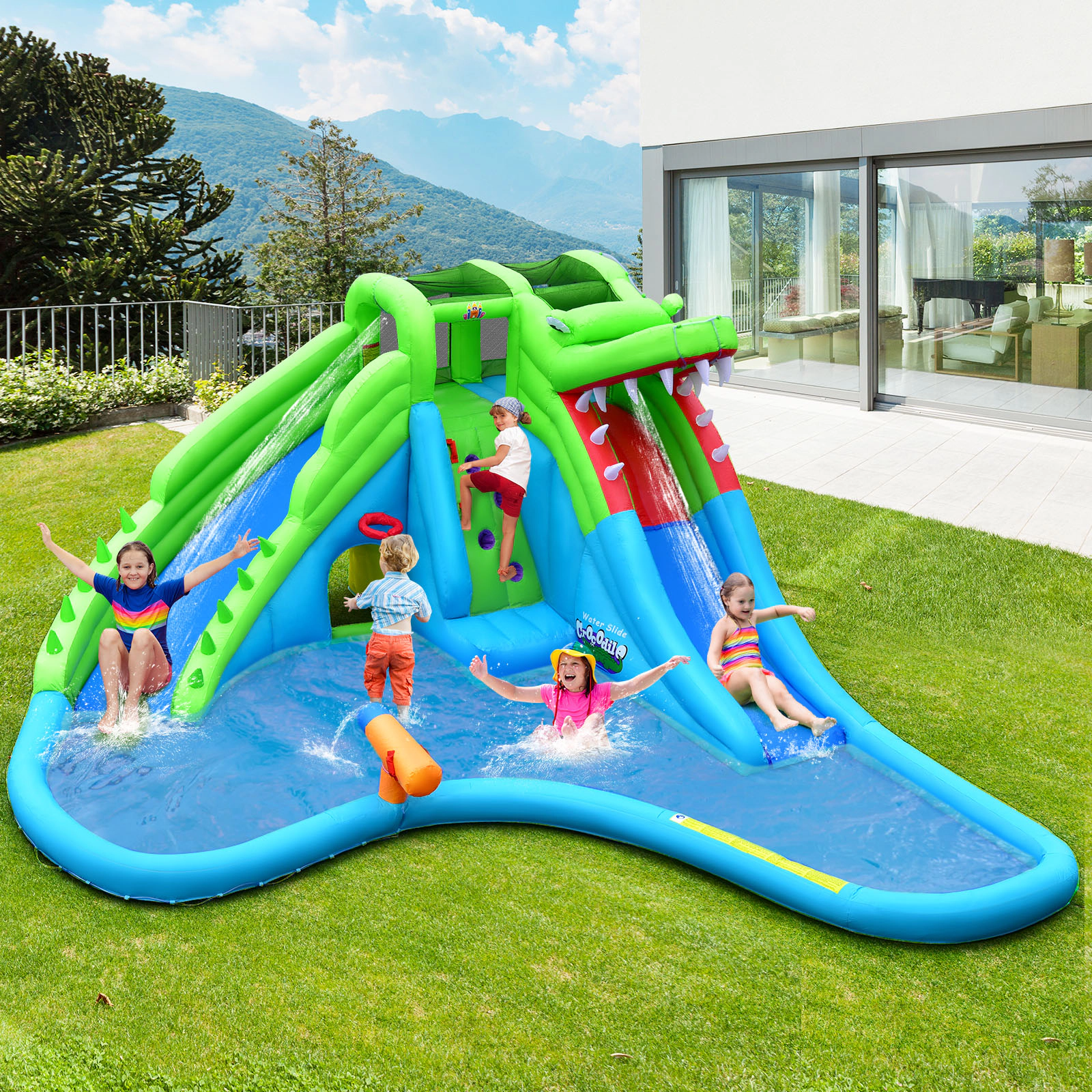 SUGIFT Inflatable Crocodile Style Water Slide Kids Bounce Castle 300-lb Capacity Ages 3-10 Blue Green with 780W Blower