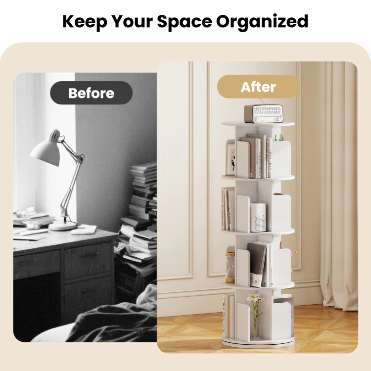 Hivvago 4-Tier Rotating Bookshelf 360° Display Rack with Dividers and Anti-falling Baffles