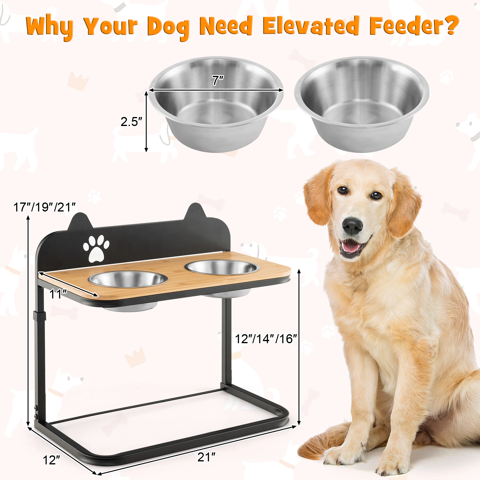 SUGIFT Black Bamboo Elevated Dog Bowl Stand with 2 Stainless Steel Bowls 21-in W 12-in D 21-in H
