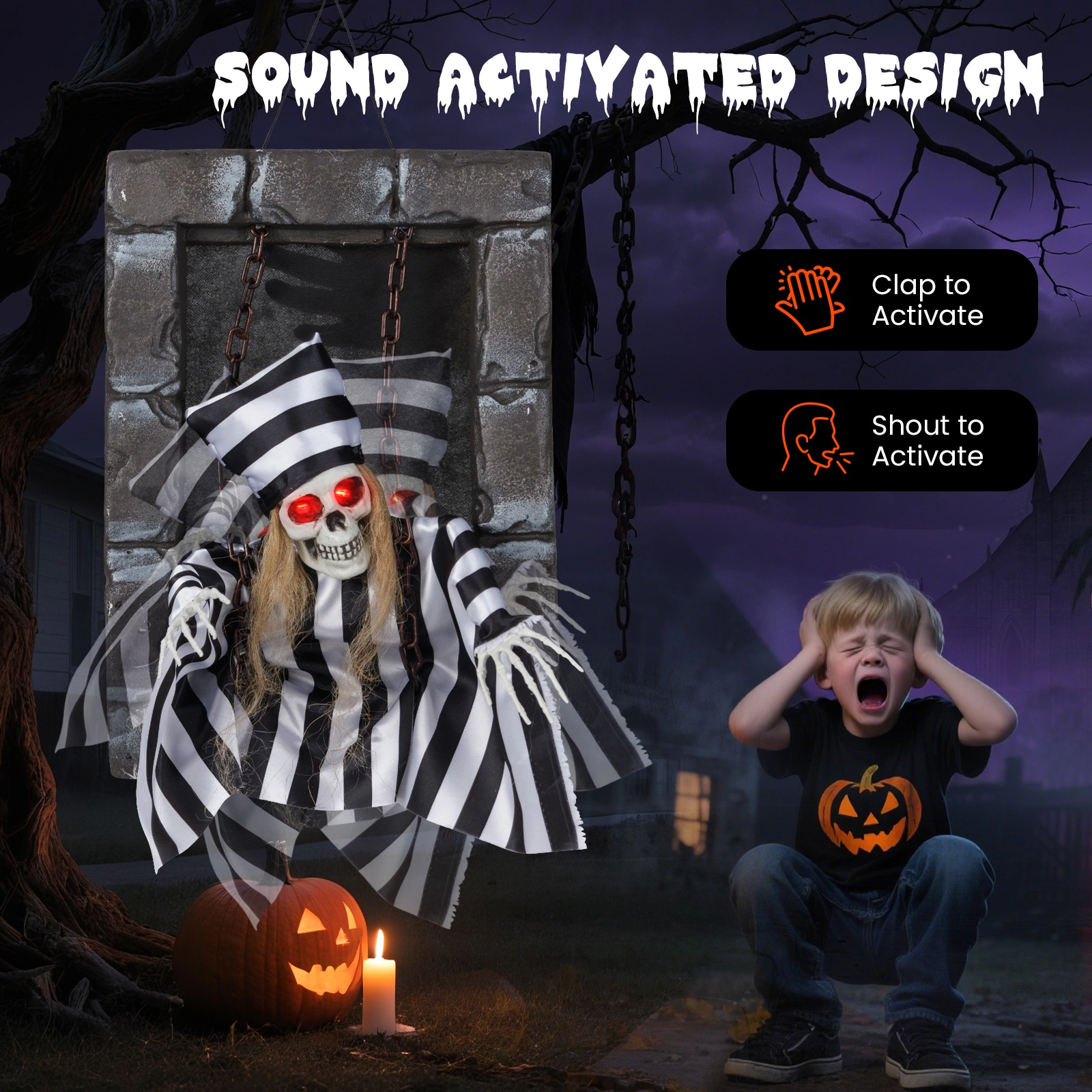 SUGIFT 18-in Sound Activated Animated Halloween Decoration Hanging Skull Prisoner with LED Eyes and Rope