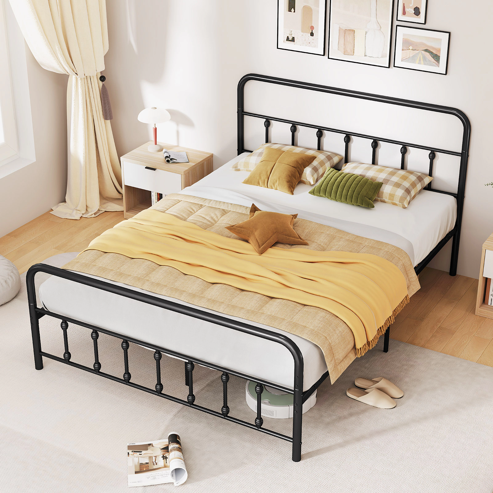 SUGIFT Queen Metal Platform Bed Frame with Victorian Headboard, Footboard and 12.5-in Storage