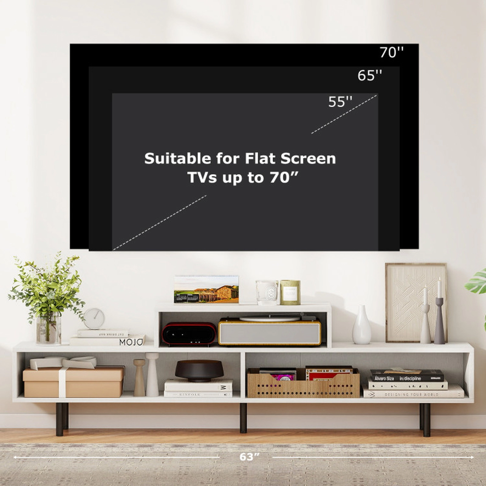 SUGIFT 3 Cubby TV Stand for TVs up to 70 in with Open Storage Compartments 155-lb Tabletop Capacity White