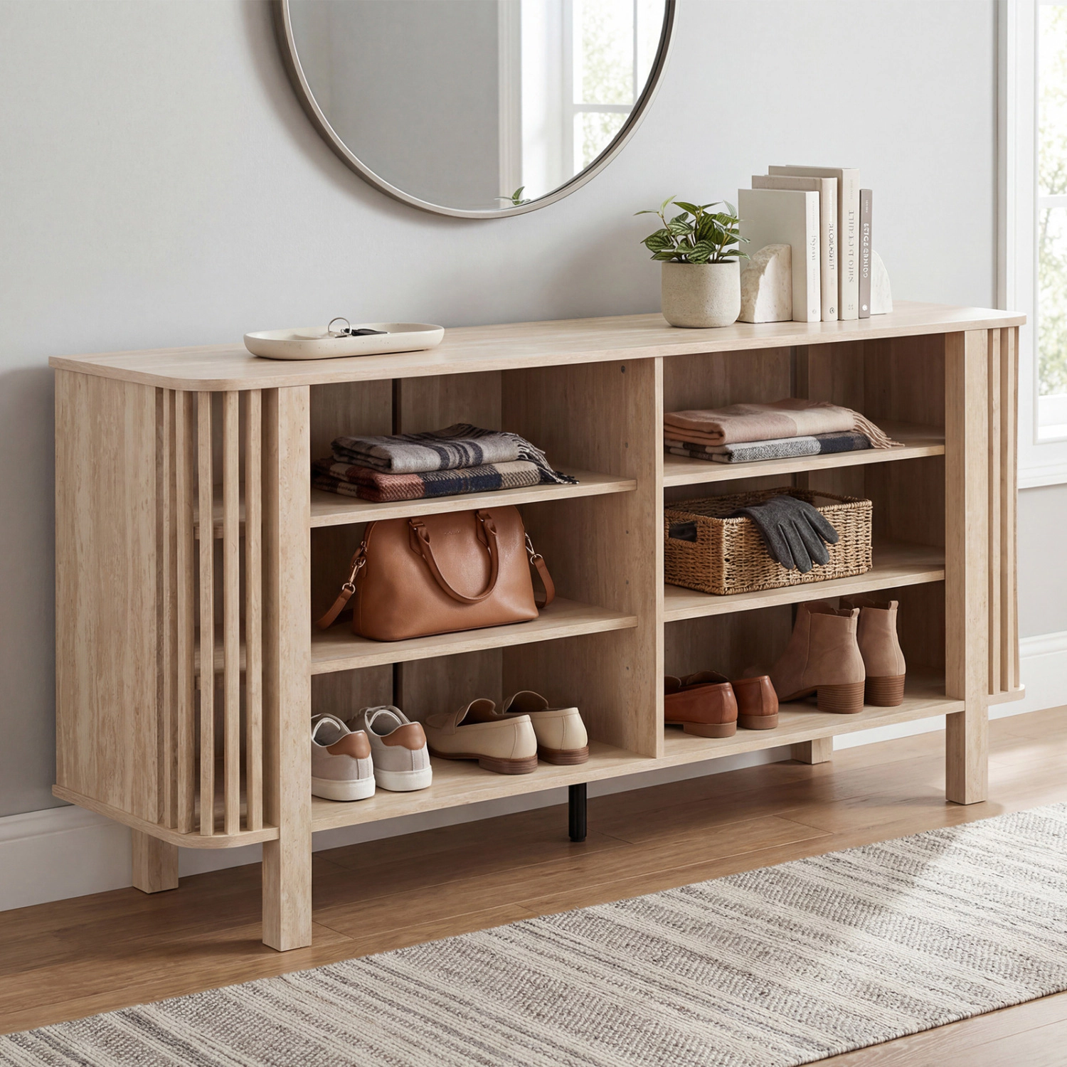 Glintex 59-Inch Slatted TV Stand with 3-Level Adjustable Shelves, Natural
