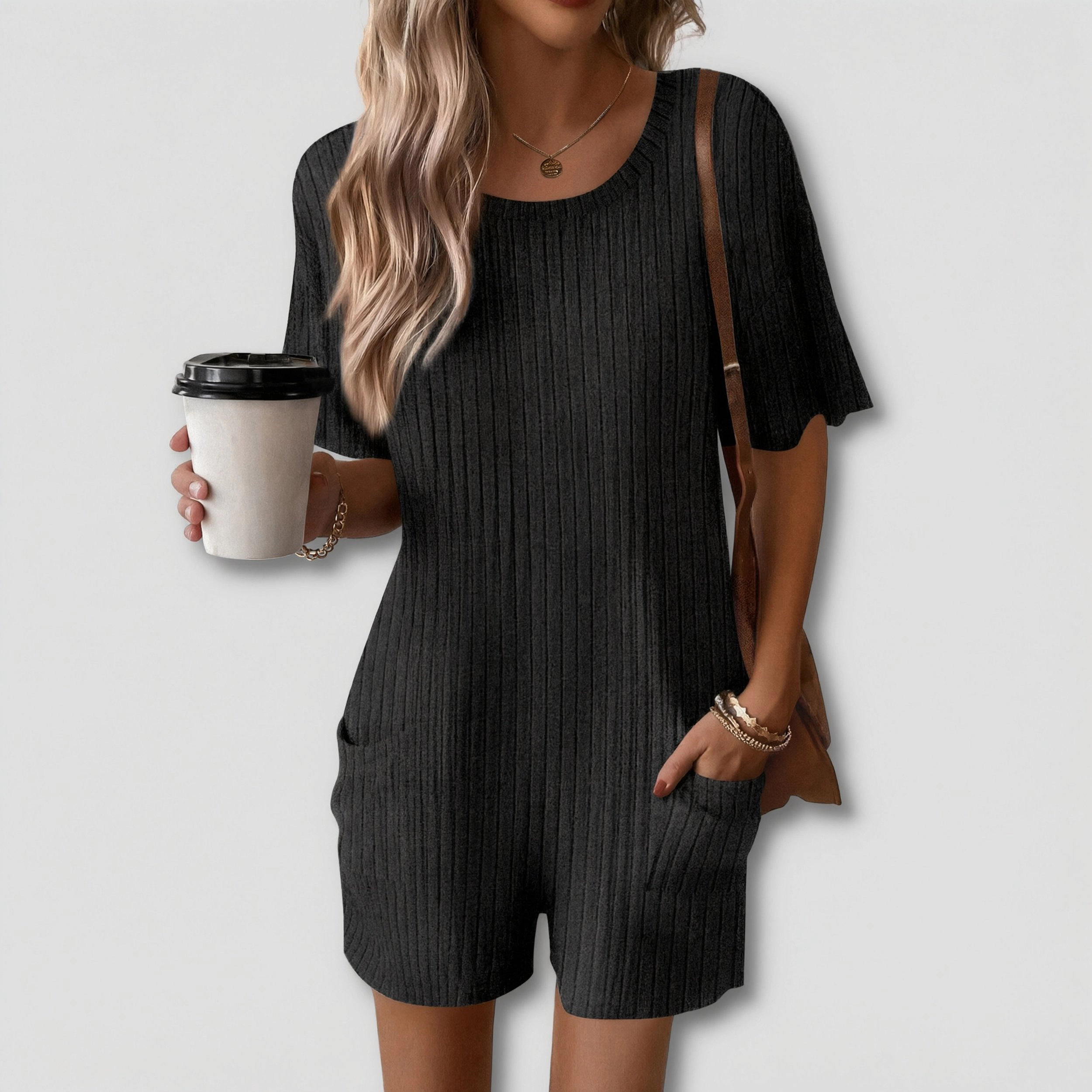 Ekouaer Women's Crew Neck Short Sleeve Ribbed Knit Romper with Pockets