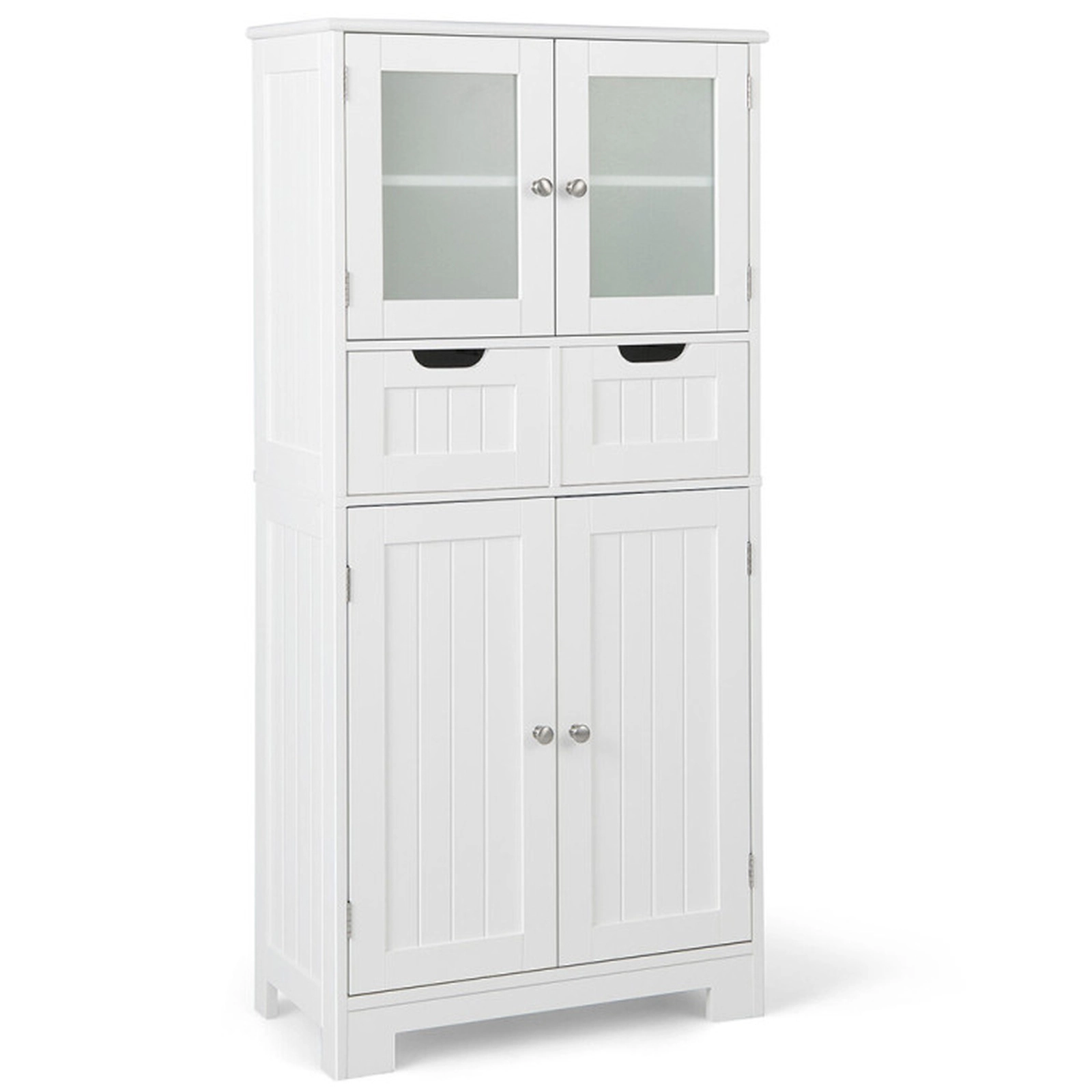 SUGIFT 3-Tier Free-Standing Bathroom Cabinet with 2 Drawers and Tempered Glass Doors 33-lb Shelf Capacity White