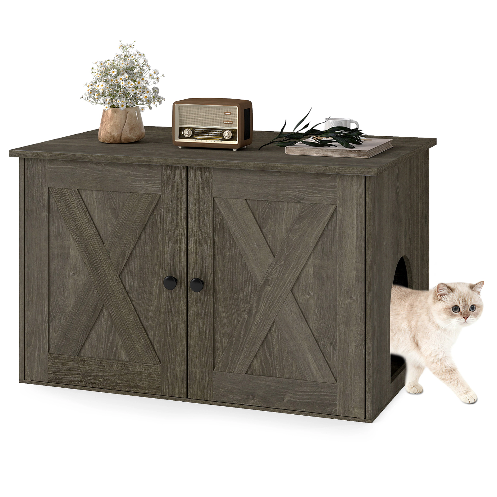 SUGIFT 31.5 x 20-in 66-lb Capacity Oak Hidden Cat Litter Box Enclosure Furniture with Divider and Dual Doors