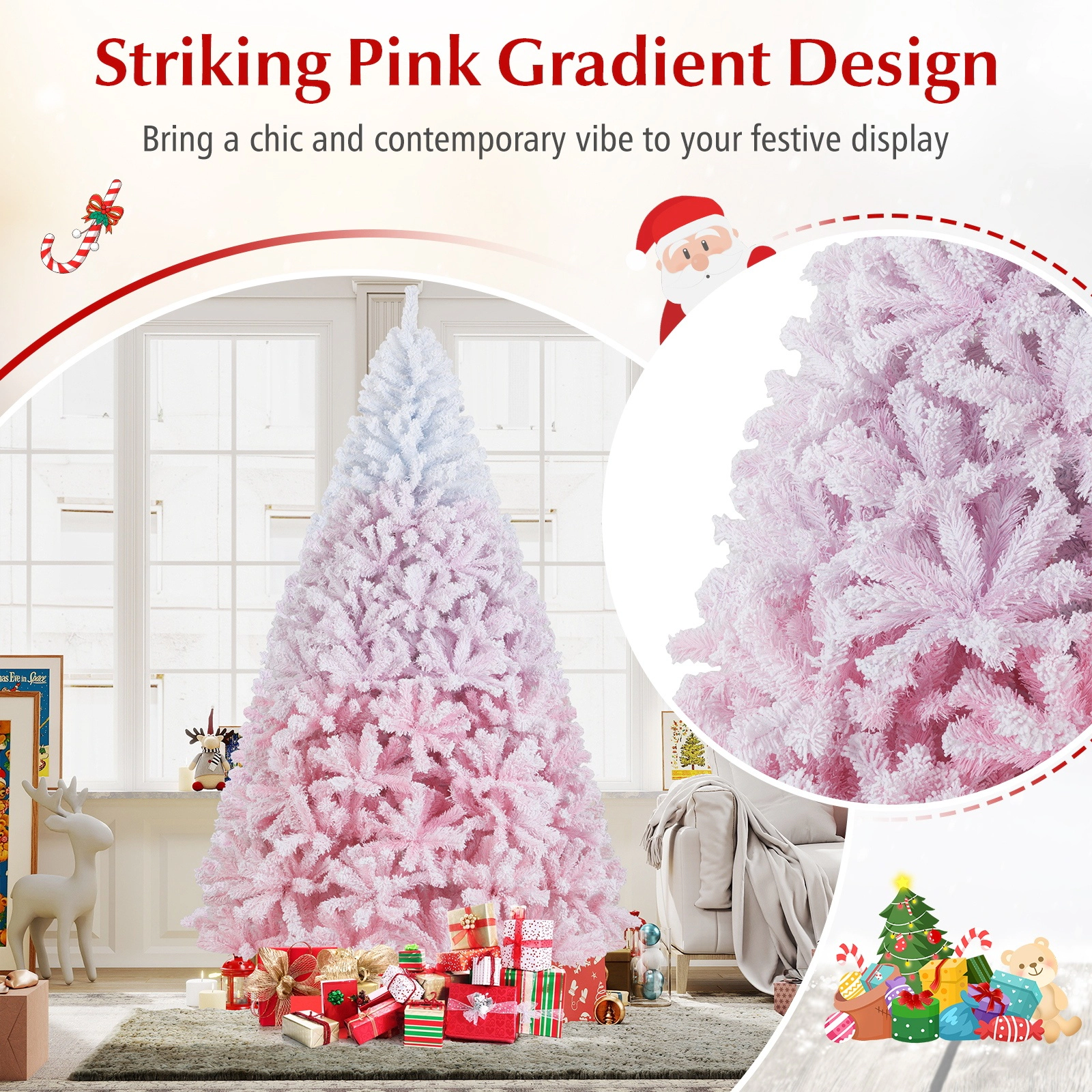 SUGIFT 8 ft White and Pink Flocked Christmas Tree with 1774 Branch Tips and Folding Metal Stand