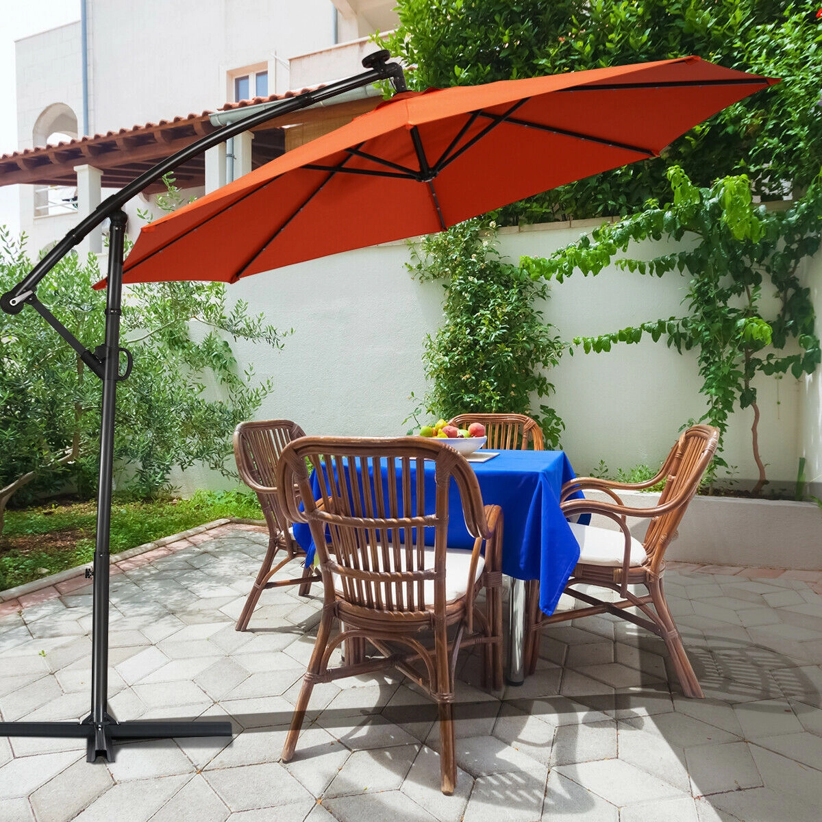 SUGIFT 10-ft 360° Rotation Solar Powered LED Offset Patio Umbrella with 32 Lights without Weight Base Orange