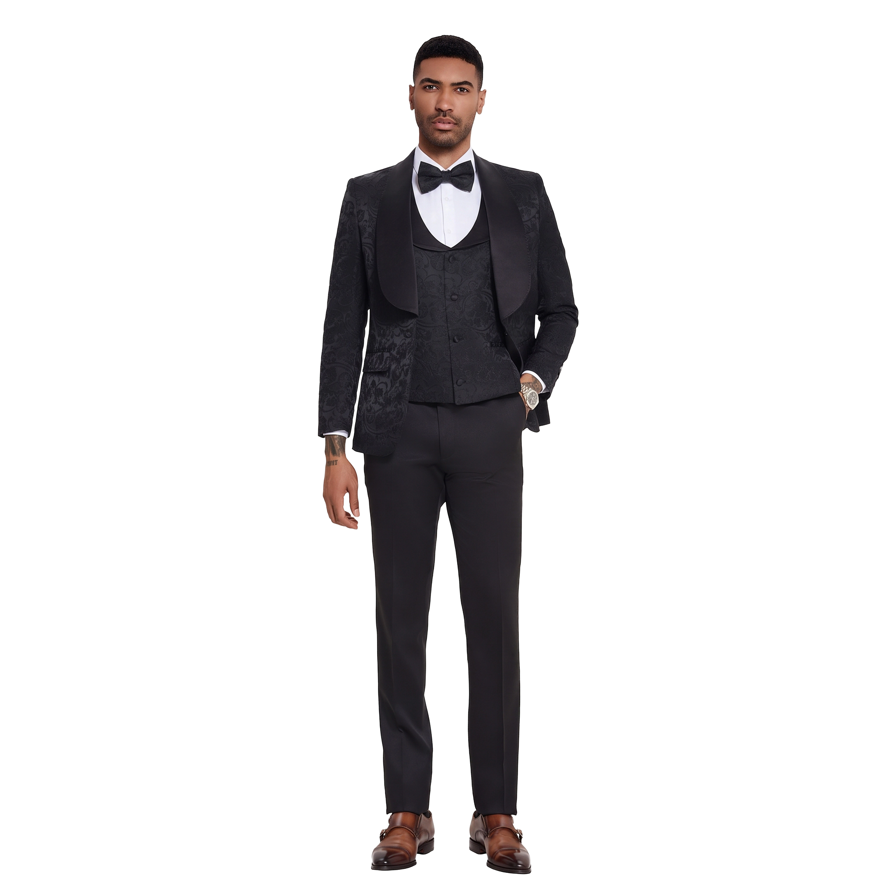Tazzio Mens Skinny Fit Paisley Jacquard 3pc Suit Set, Matching Bowtie Included