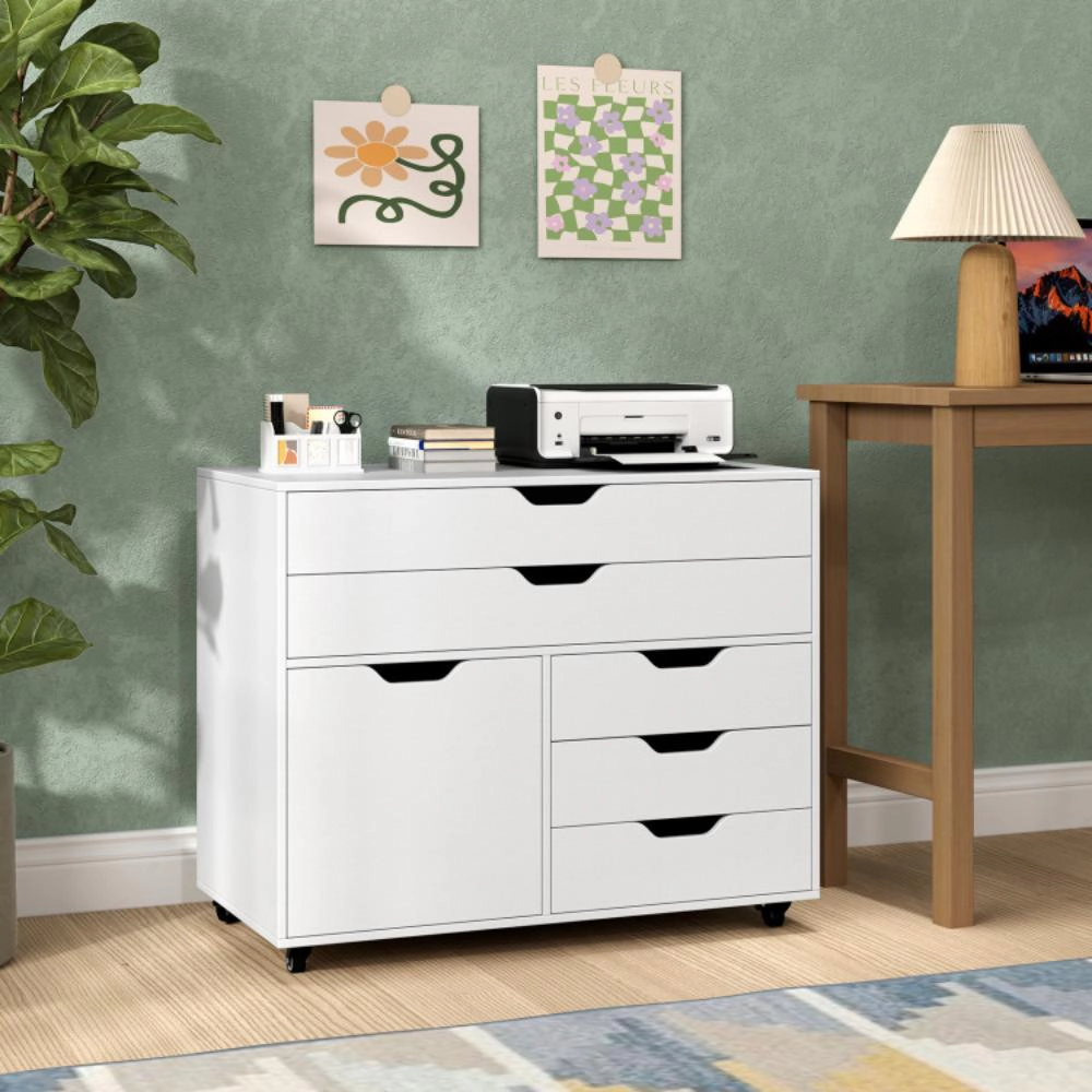 Hivvago Modern Vertical 5-Drawer Mobile Chest with Door 5 Casters