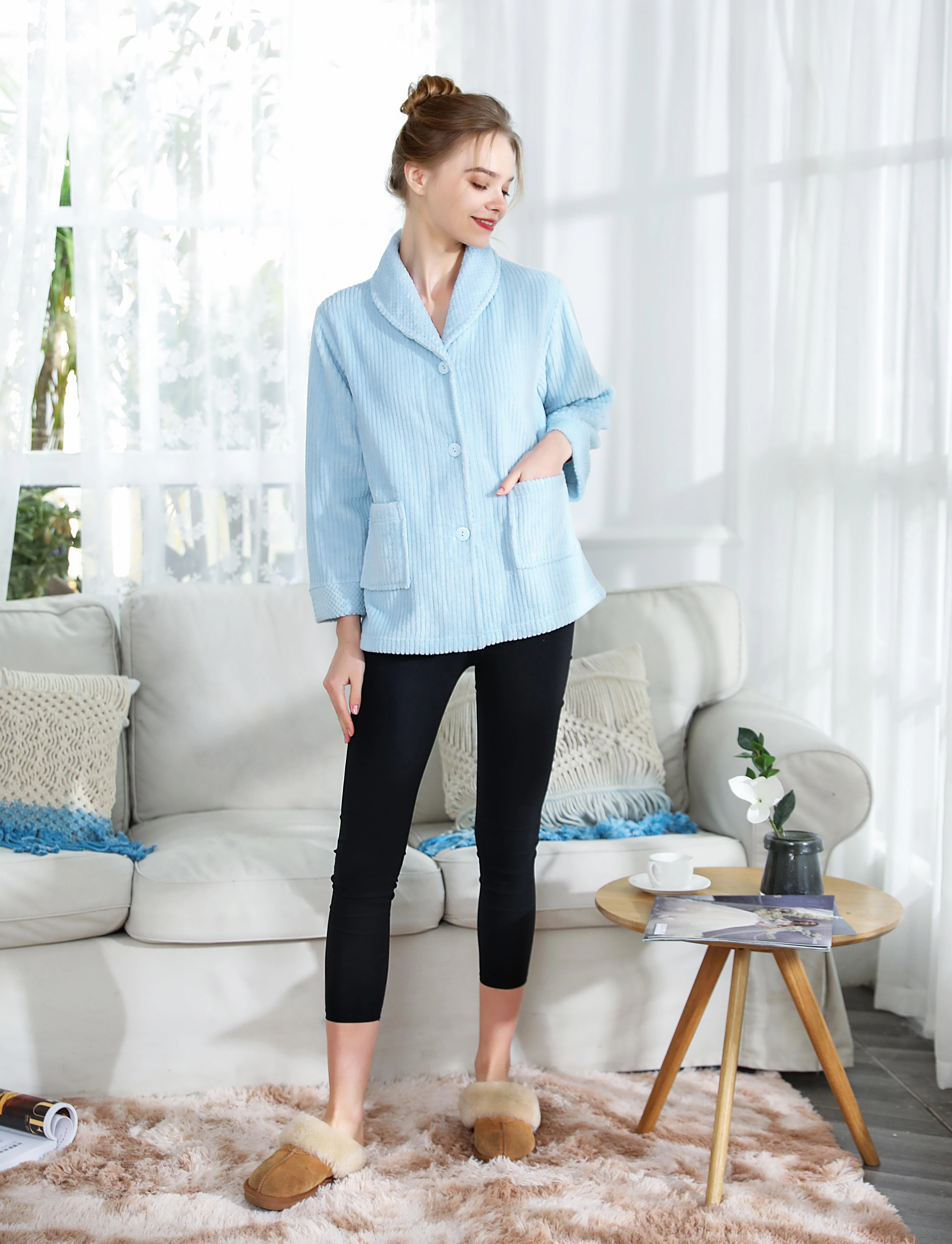 Loungees Women's Drop Needle Coral Fleece Shawl Collar Button FrontBed Jacket