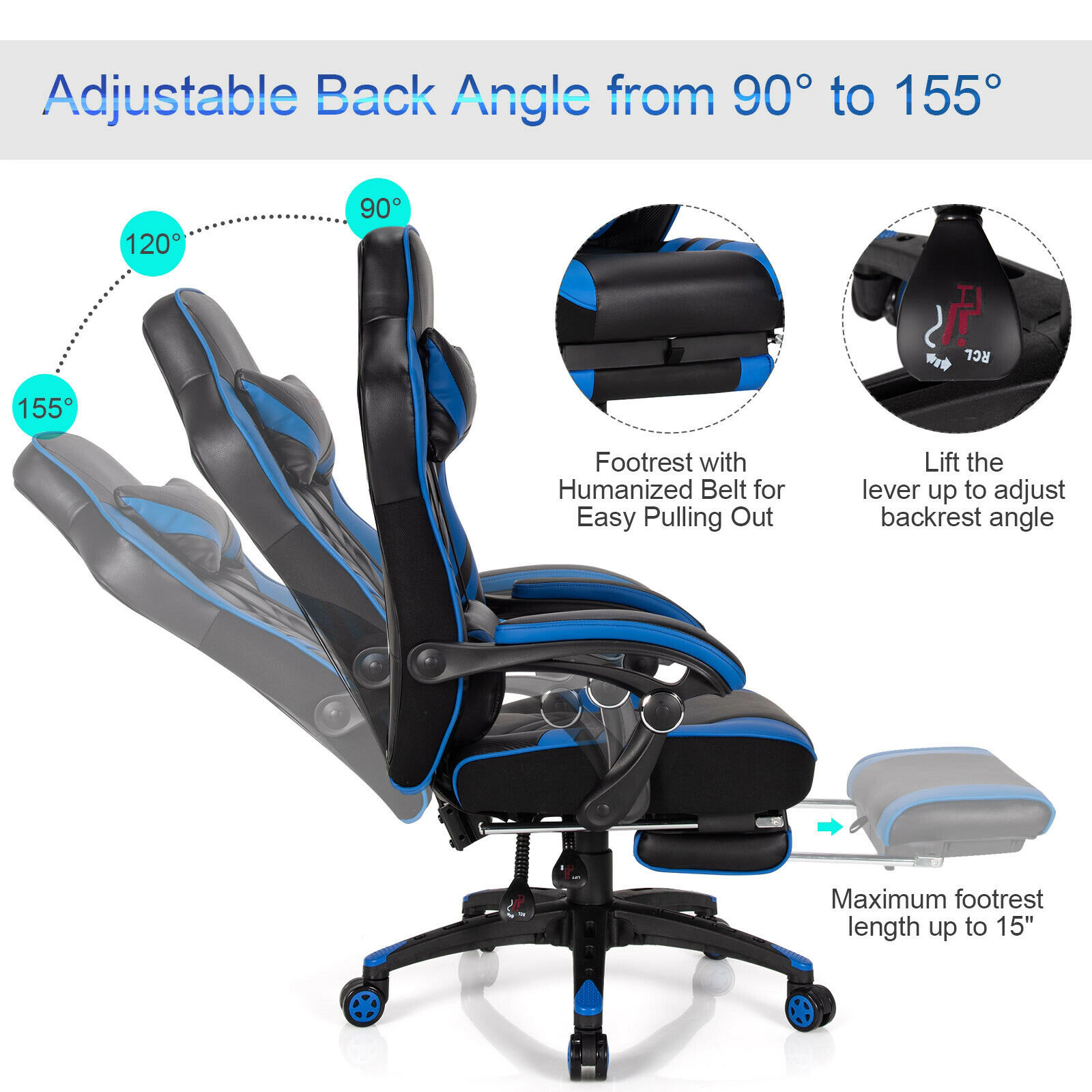 SUGIFT Adjustable Reclining Gaming Chair Footrest 330-Lb Capacity 27 x 27-in Frame 46-49-in High Seat 42-Lb Net Weight