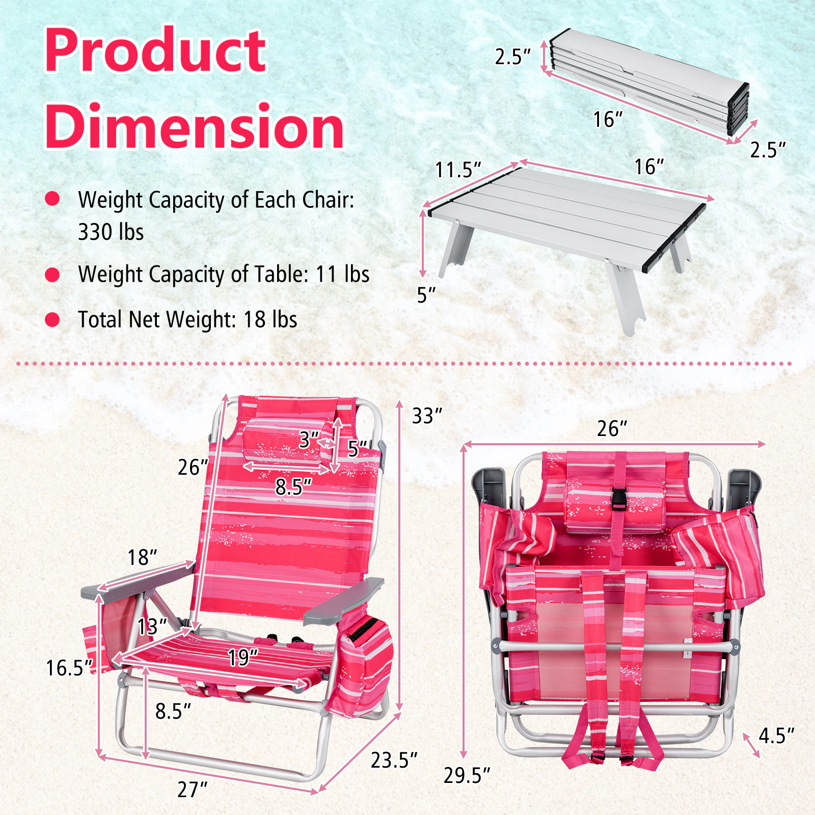 SUGIFT Set of 2 Aluminum Backpack Beach Chairs with Side Table
