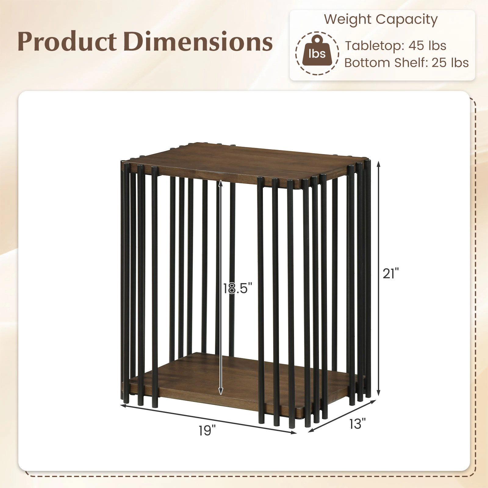 Glintex Rubber Wood Side Table with 2-Layer Shelves and Black Metal Frame, Walnut