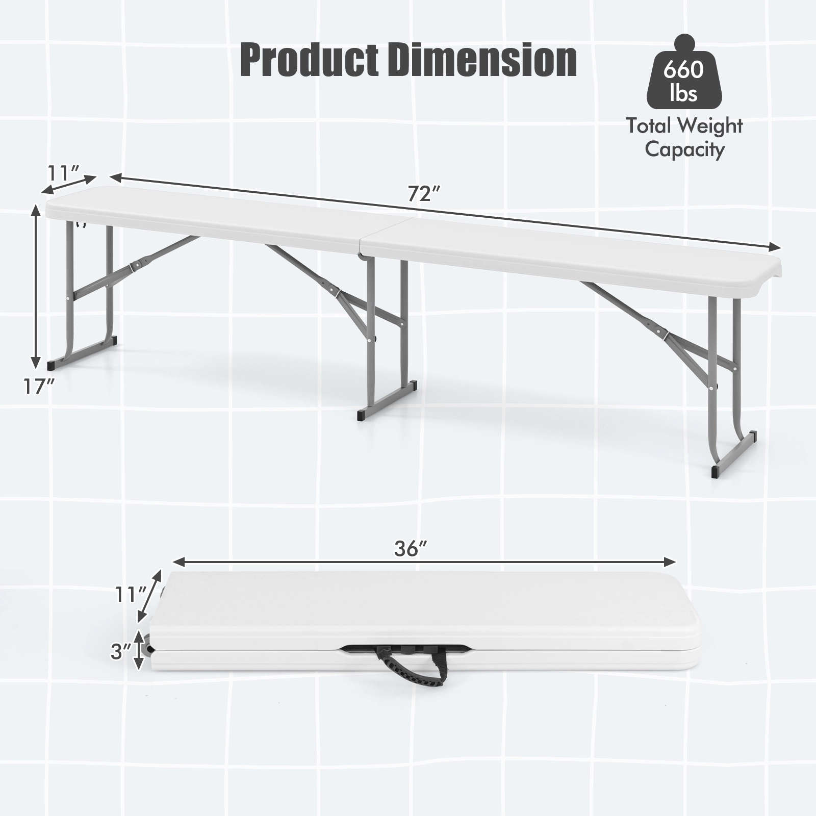 SUGIFT 6 ft Folding Plastic Camping Picnic Bench 660-lb Capacity Dining Seat with Carrying Handle 72-in Long White