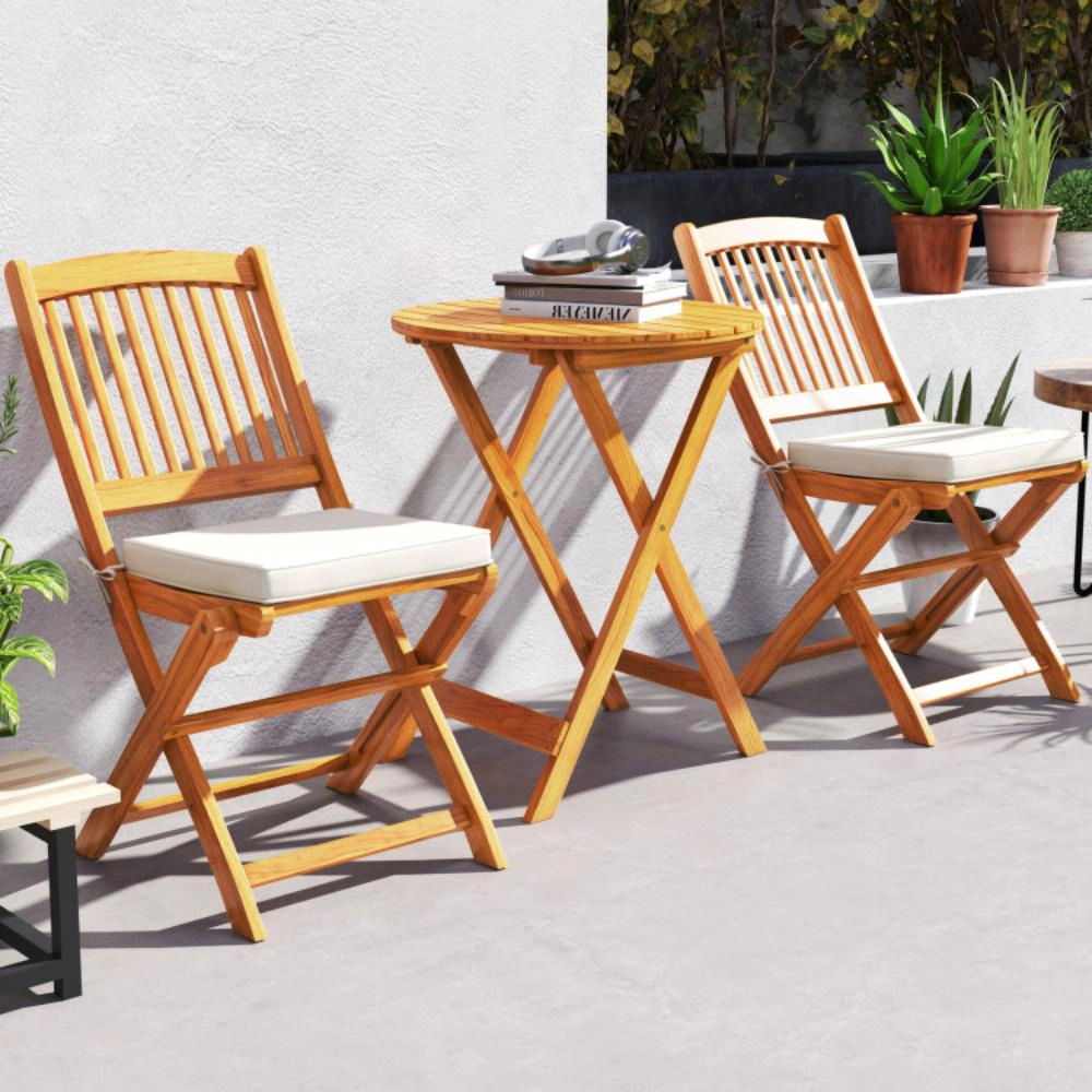 Hivvago 3 Pieces Acacia Wood Patio Folding Bistro Set With Soft Cushions