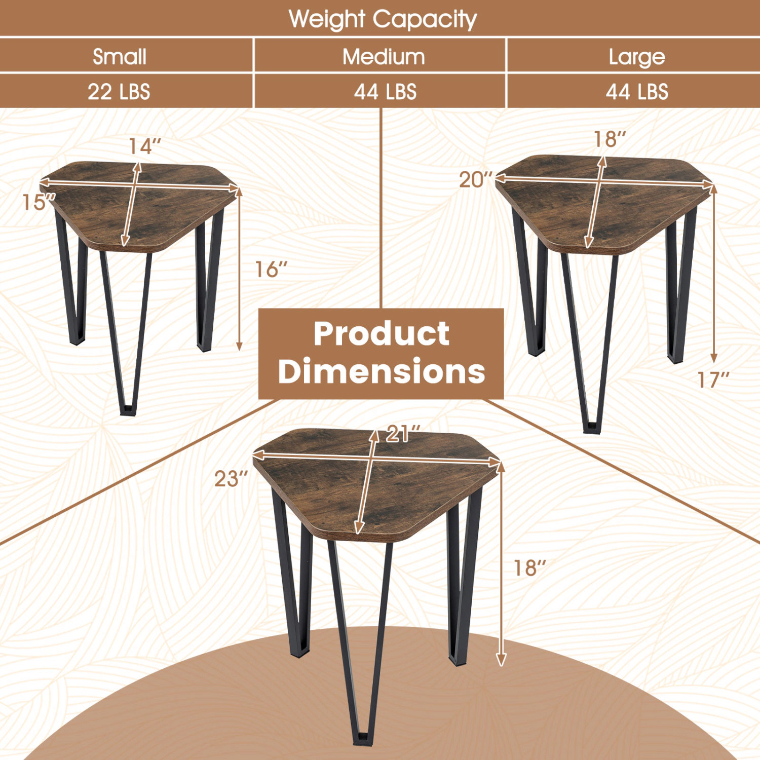 Glintex 3-Piece Nesting Table Set with Wood Tops and Industrial Metal Frames, Rustic Brown