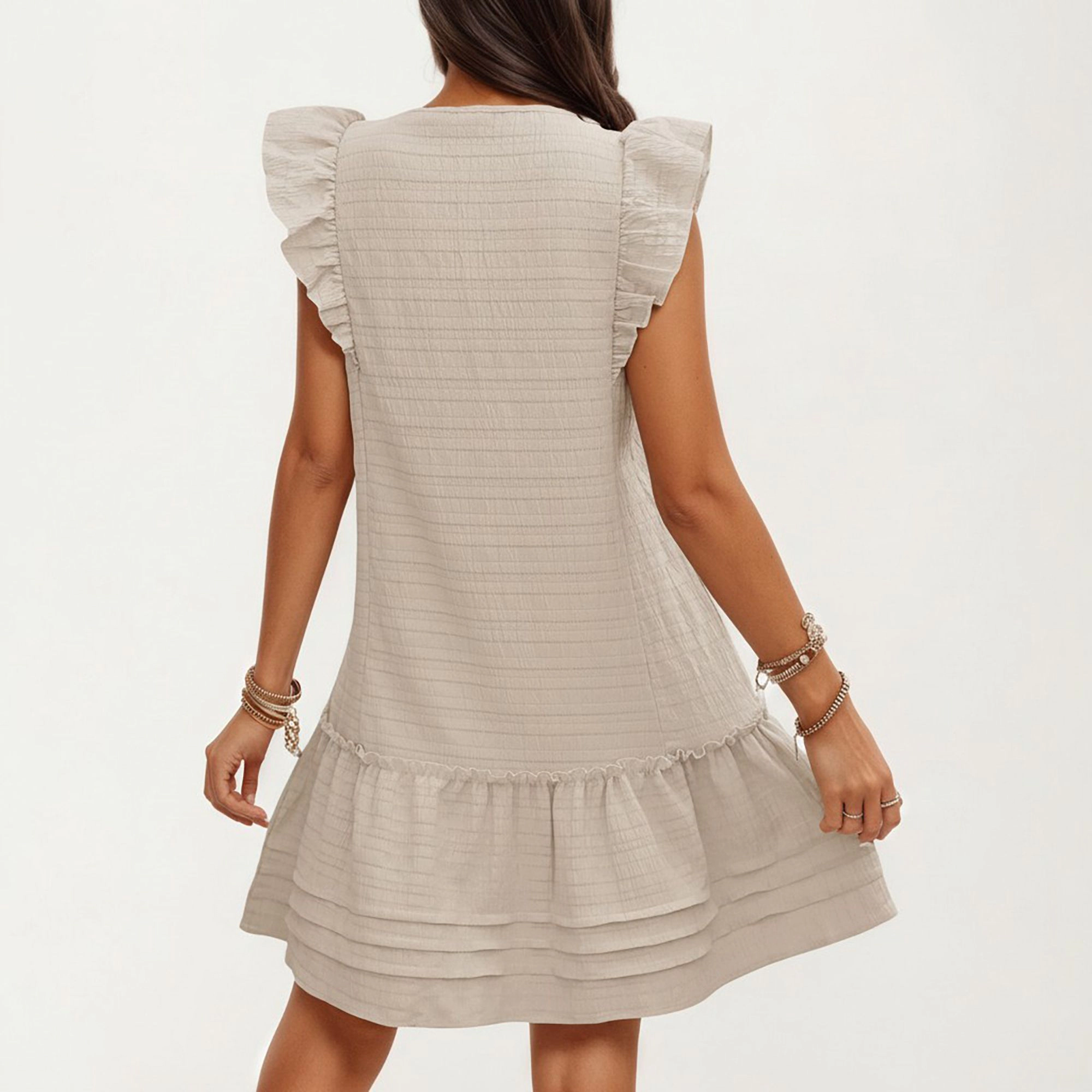 Anna-Kaci Women's Ruffle Tie Neck Detail Tiered Hem Mini Dress